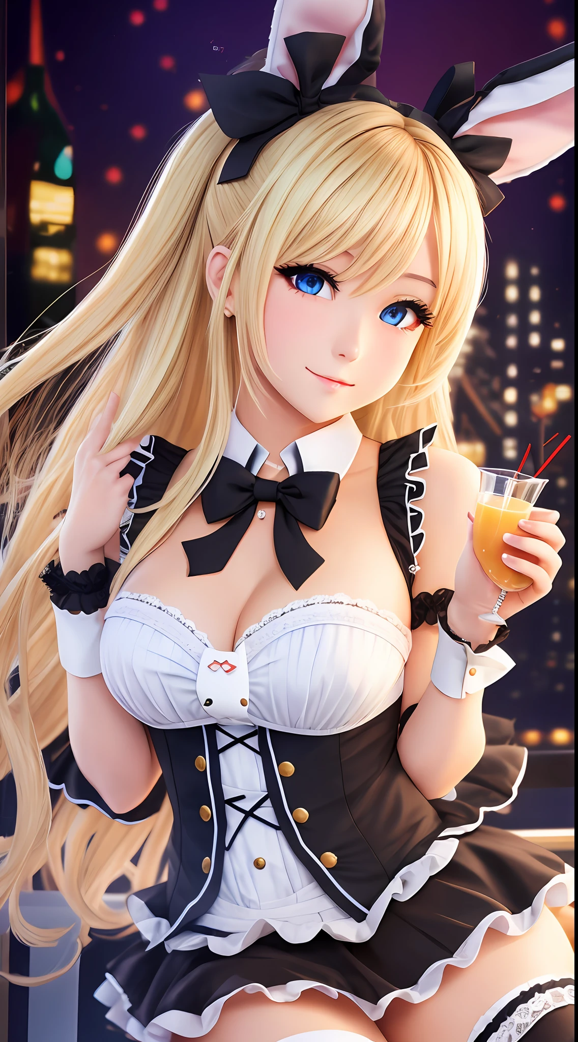 bunny girl, maid style, blonde, twin-tailed, cocktail, night city, 8k, very delicate, girl with beautiful details, top quality, very detailed eyes and face, --auto --s2