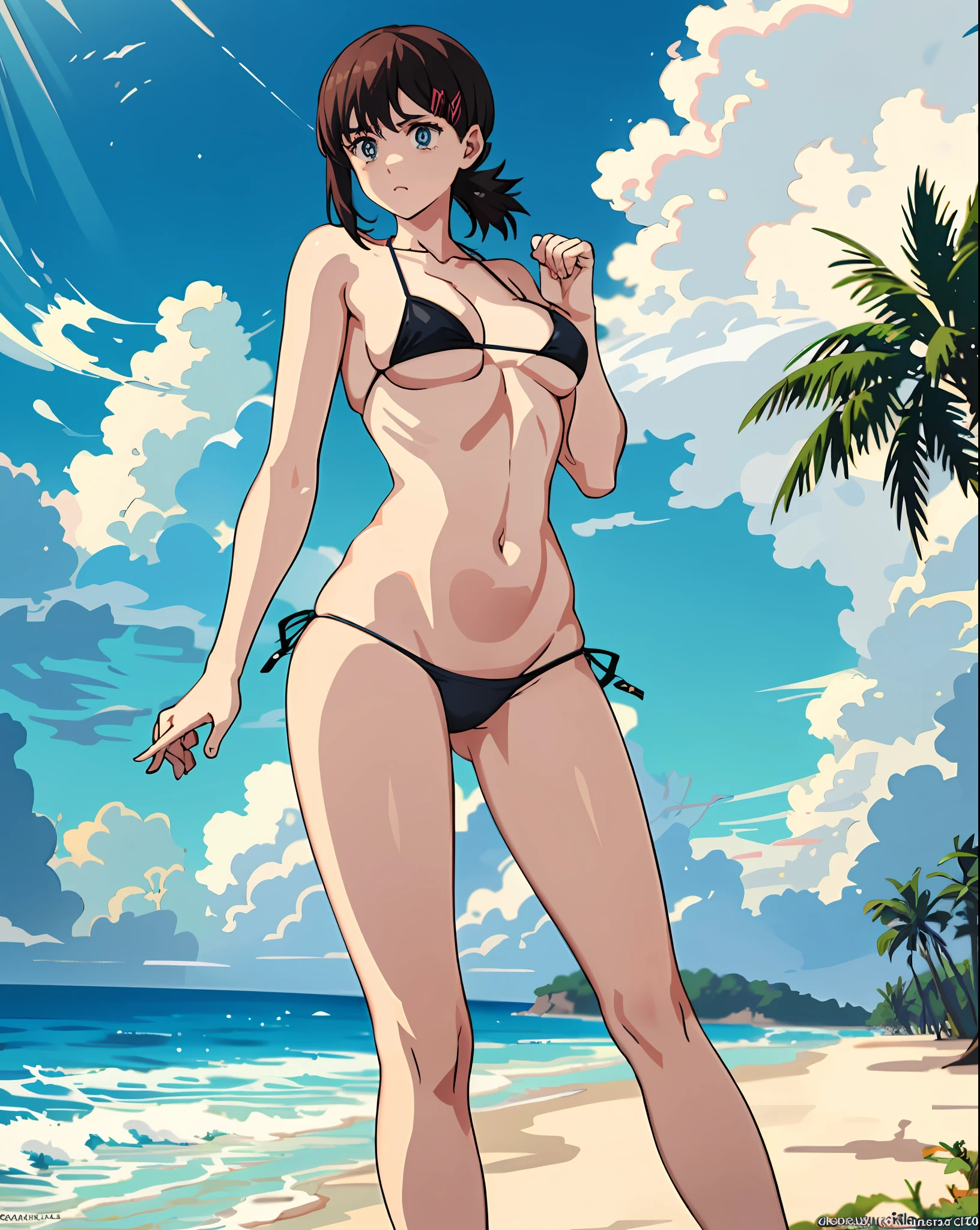 (1girl), raised legs, beautiful, masterpiece, best quality,playing with a beach ball,in bikini,beautiful figure,cute eyes,cute legs,big ass,big tits,artwork,full body,micro bikini,rostro tímido