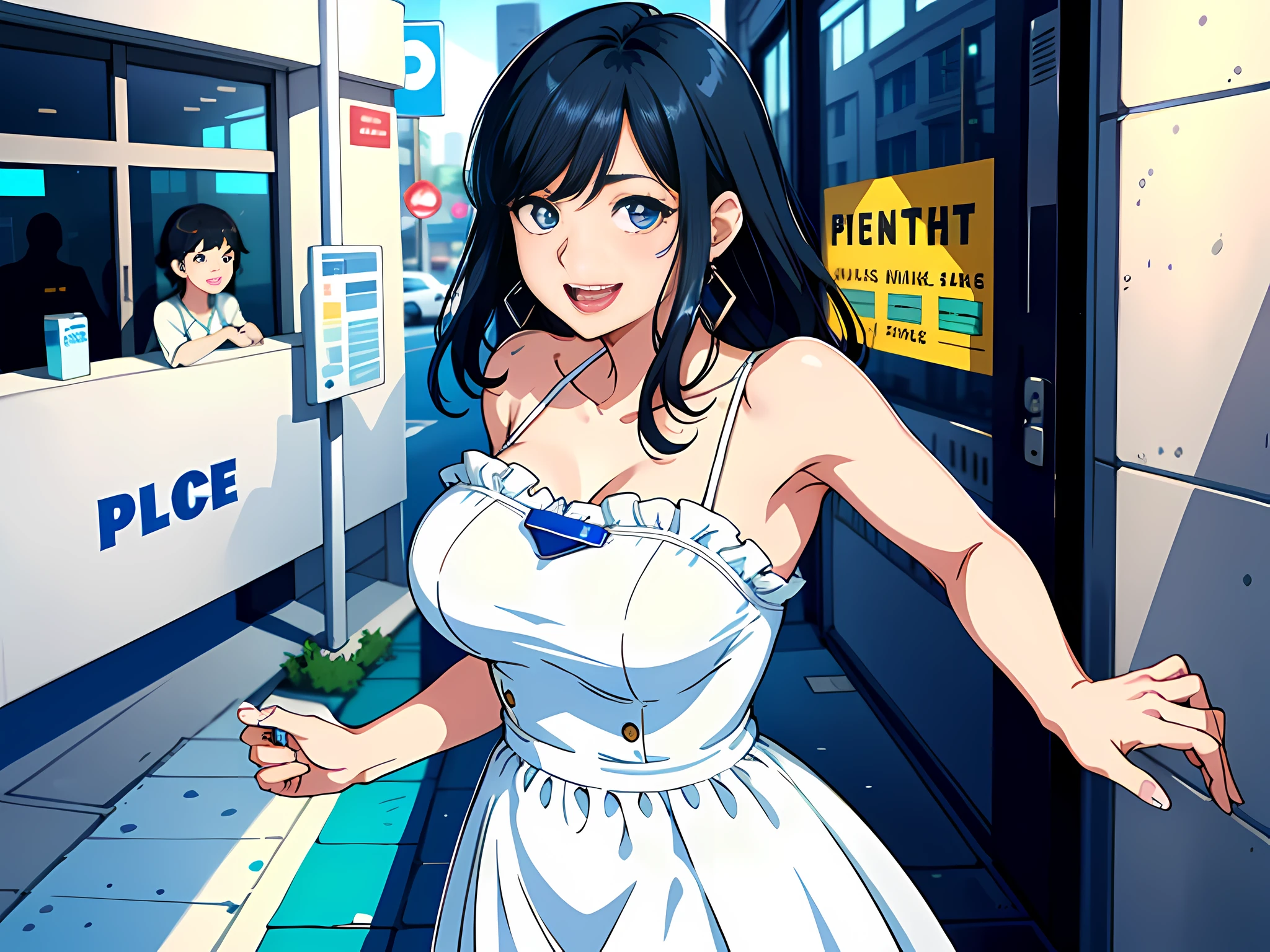 1 woman, black hair, blue pupils, delicate face, cute, love earrings, white dress, standing in front of the police station, laughing, ultra hd, masterpiece, best quality, super detail, ccurate