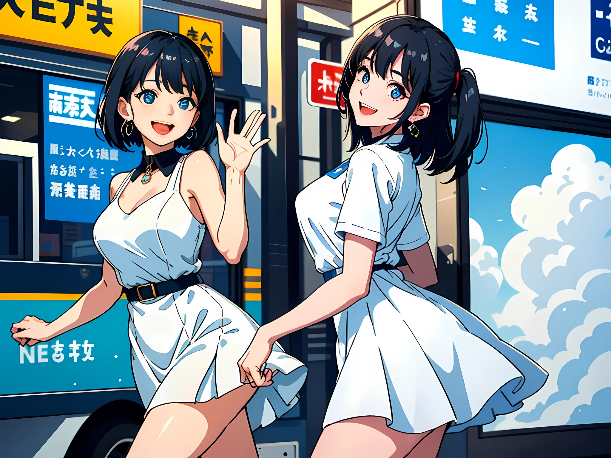 1 woman, black hair, blue pupils, delicate face, cute, love earrings, white dress, standing in front of the police station, laughing, ultra hd, masterpiece, best quality, super detail, ccurate