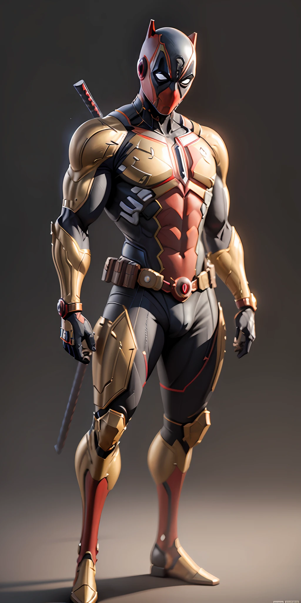 Gold Deadpool from Marvel, frontal, full-length, looking at the camera, facing the audience, standing pose, simple background, three-dimensional light, detailed full-body concept, sleek digital concept art, beautiful full-body concept art, art trend, CGsociety full-length,