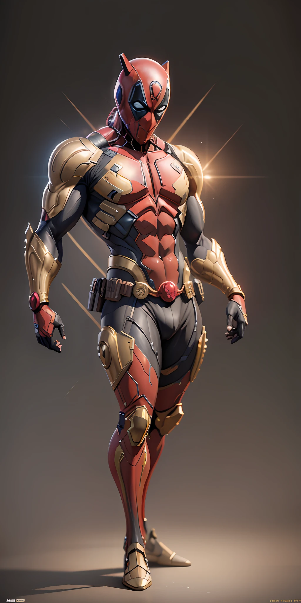 Gold Deadpool from Marvel, frontal, full-length, looking at the camera, facing the audience, standing pose, simple background, three-dimensional light, detailed full-body concept, sleek digital concept art, beautiful full-body concept art, art trend, CGsociety full-length,