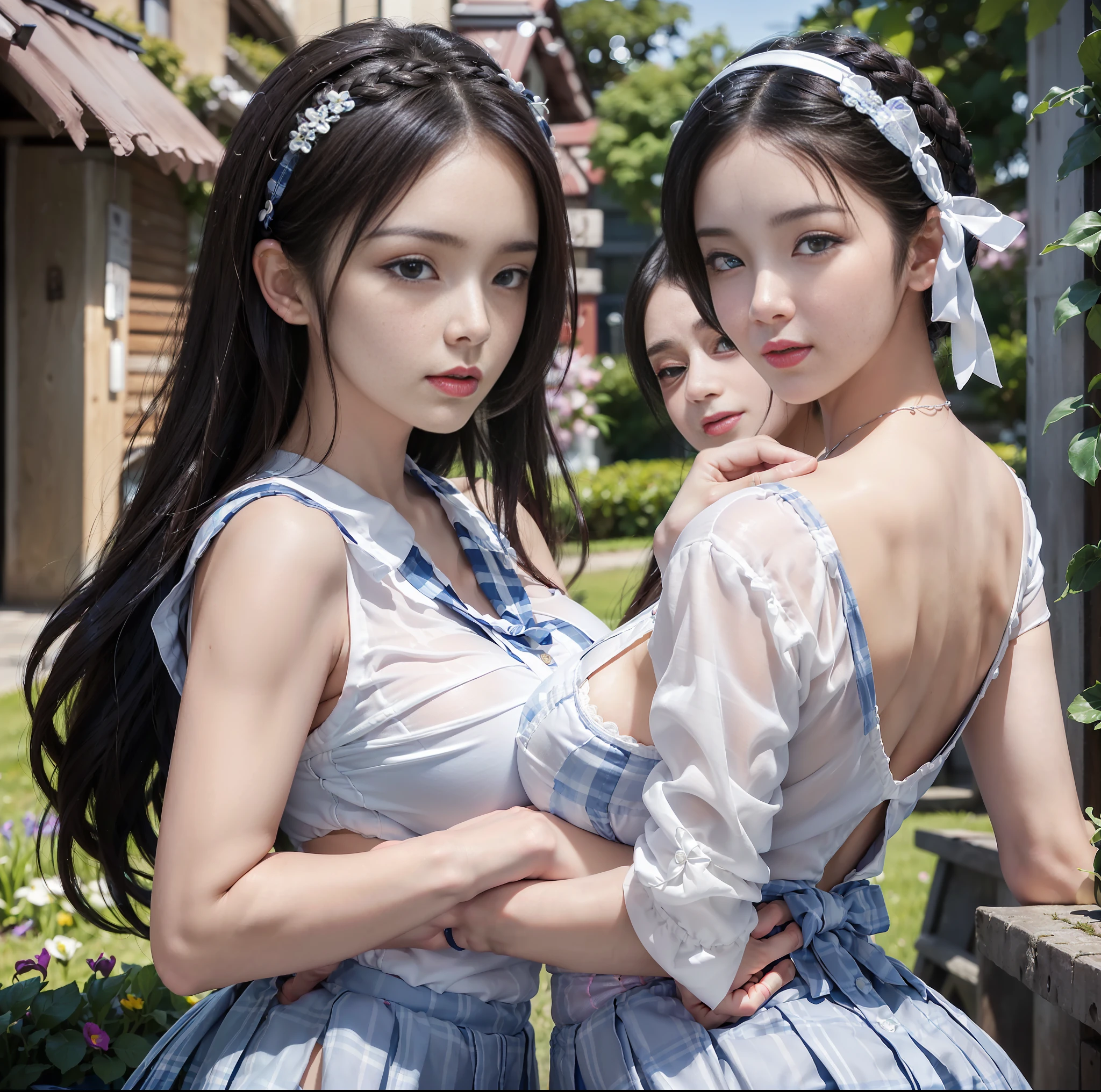 ulzzang-6500-v1.1, (top quality, masterpiece), (raw photo: 1.2), (photorealistic: 1.4), highest quality, master, very tasty and beautiful, highly detailed CG, 8k wallpaper, amazing fine details, master masterpiece, official art, huge file size, high resolution, 2-3 girls, ( snugly next to each other without separation between characters), (no break in one piece), teens to twenties, Japan, Nogizaka girl, (representation of the human body based on precise anatomy), intricate details, Japan schoolgirl uniform, (neat white blouse of smooth sheer fabric with ribbon ties), ( Ultra Mini Navy Blue tartan check pleated skirt), (everyone is wearing the same clothes), (tightly dressed), clothes are smooth and contractile, (less exposed upper body), (white panties), (fasten all buttons of blouse)), blonde, (((very large breasts)), (women with very large breasts), (very spread breasts), (cramped clothes), (no bra), (((the skin tone of the can be seen through)), (pink areola), small tingles, (big buttocks), (thin thighs), very beautiful eyes, bright ultramarine eyes, (detailed pupils reflecting light), (the iris of the eye is painted with details of a fine radial pattern), (the expression of the whites of the eyes is slightly dark), (the upper 30% of the eyes are shadowed), double eye lids,( Eyes and mouth half-open and sleepy expression),No makeup, snug, No makeup, natural eyebrows, realistic shading assuming a light source, cute girl and mature woman beauty, (whitening skin), baby face, smile, long hair half braid, ((backward pose)), ((looking back from the back)),((showing off the buttocks)),(((looking straight back and not looking at me)),cuddling, cheeks together,arms crossed like a lover, Look at the opponent, beautiful garden with flowers, clear sunshine,