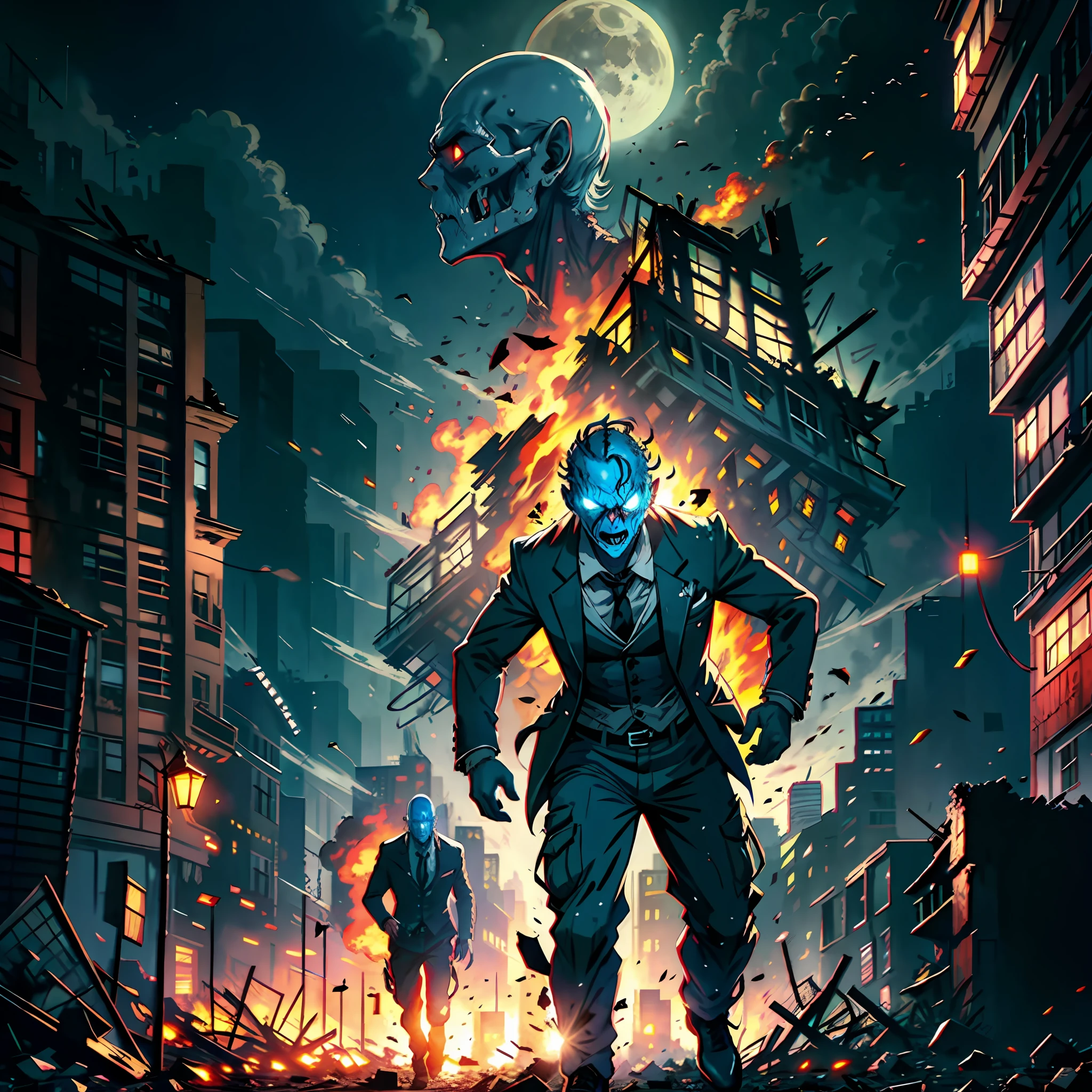 Handsome zombie boy, collapsed buildings, rubble, fire +, billowing smoke, running people +, fear +, rollover, night, horror, half moon in the sky, apocalypse, no blood, highly real, UHD, chiaroscuro, super high detail