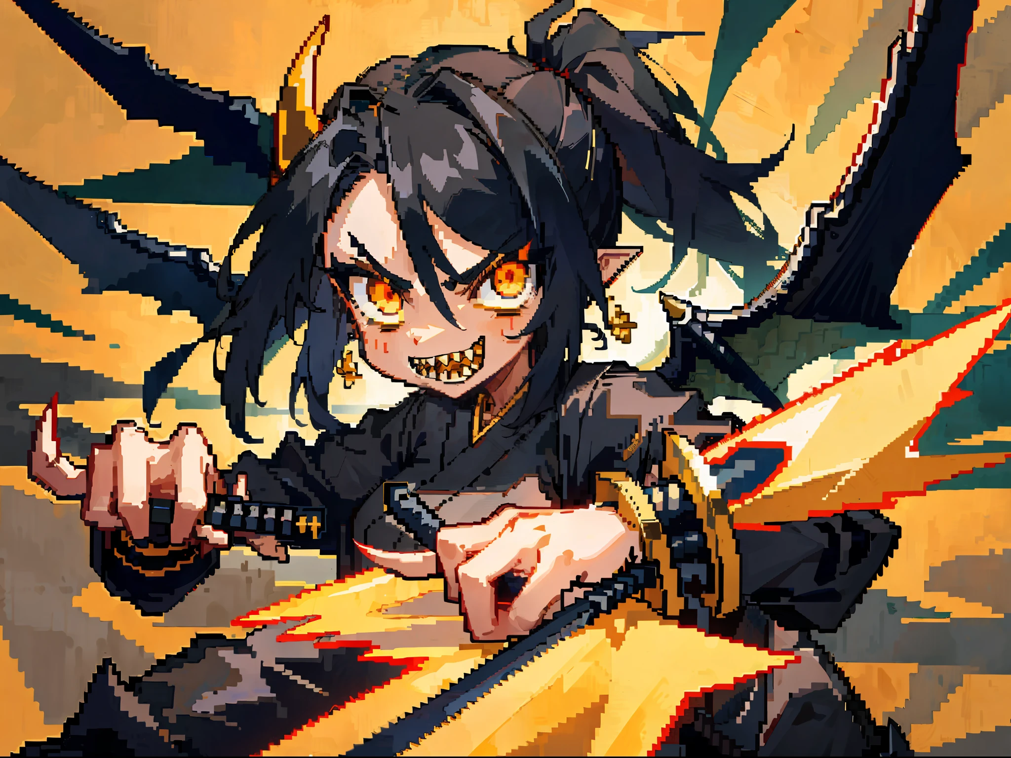 masterpiece, high quality, hcnone, pixel art, 1girl, simple gold color, 1girl,monster girl,absurdres,(solo:1.8),(dragon+(demon:0.8)),
spikes,holding weapon,sword,
claws,wings,sharp teeth,horns, detailed eyes, black hair, yellow eyes, ponytail, black and red samurai armor, skills_pose, masterpiece, best quality