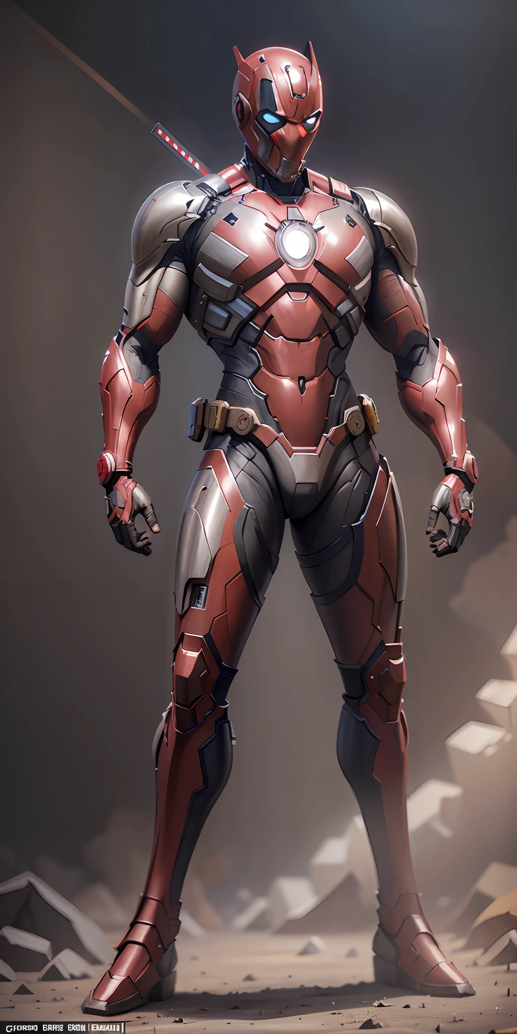 Knight Deadpool in Iron Man armor from Marvel, frontal, full-length, looking at the camera, facing the audience, standing pose, simple background, three-dimensional light, detailed full-body concept, sleek digital concept art, beautiful full-body concept art, art trend, full-length CGsociety,
