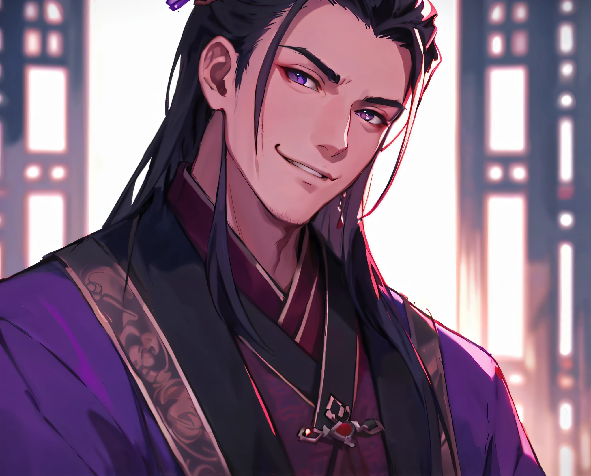 a close up of a person with long hair and a purple outfit, handsome guy in demon slayer art, heise jinyao, zhongli from genshin impact, keqing from genshin impact, inspired by Huang Shen, beautiful androgynous prince, delicate androgynous prince, inspired by Guan Daosheng, anime handsome man, inspired by Zhao Yuan