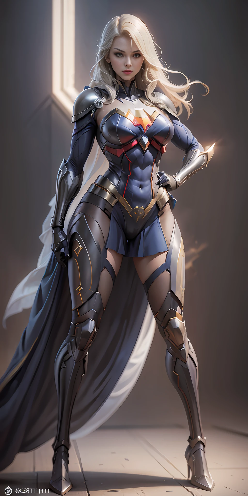Knight Supergirl from DC, big breasts, frontal, full-length, looking at the camera, facing the audience, standing pose, simple background, three-dimensional light, detailed full-body concept, sleek digital concept art, beautiful full-body concept art, art trend, CGsociety full-length,
