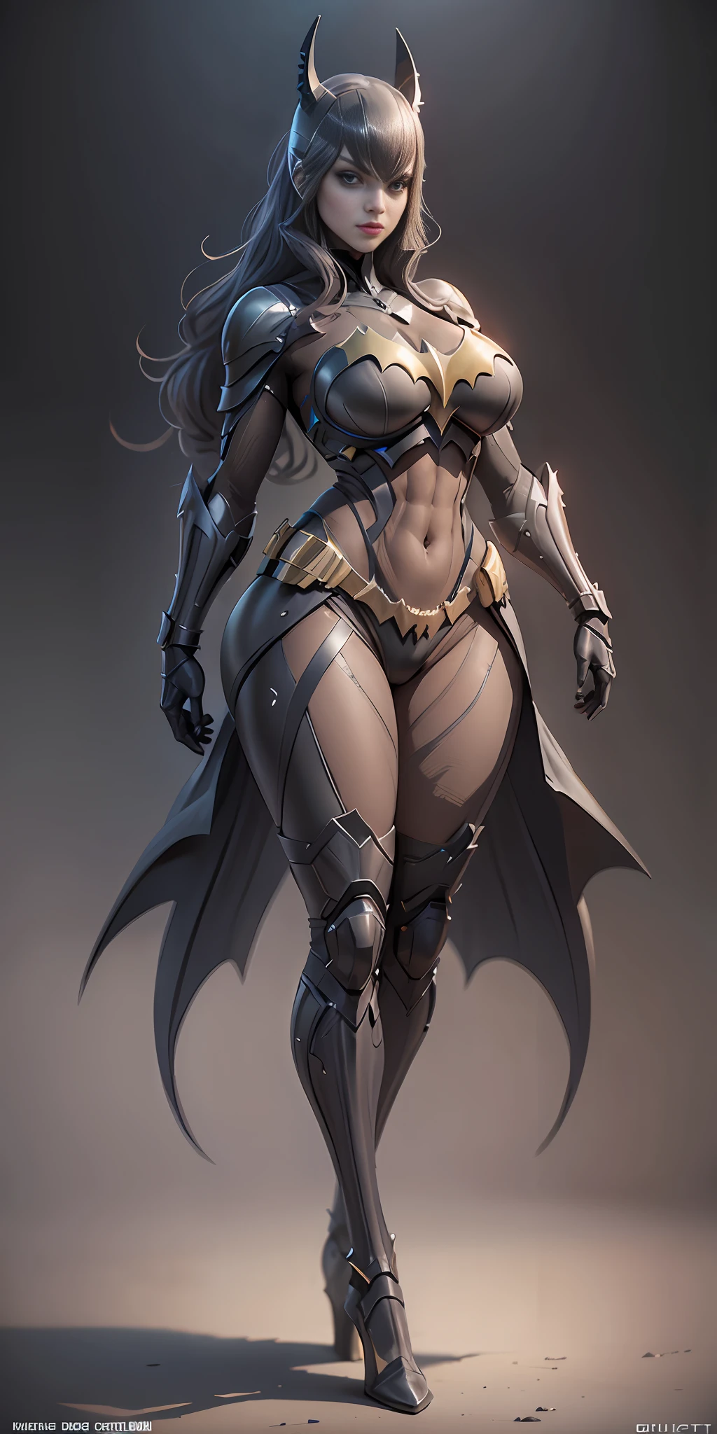 Knight Batgirl from DC, big breasts, frontal, full-length, looking at the camera, facing the audience, standing pose, simple background, three-dimensional light, detailed full-body concept, sleek digital concept art, beautiful full-body concept art, art trend, CGsociety full-length,