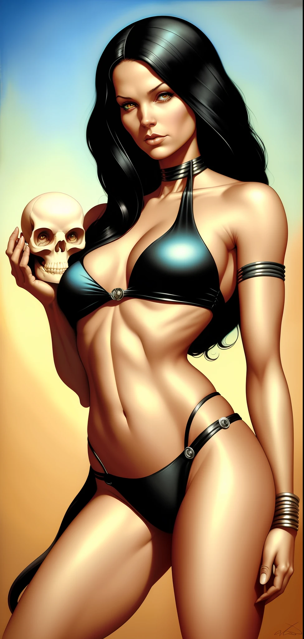 Bikini woman holding a skull, full body, realistic pencil drawing, she does not tattoo, realistic drawing, by Mark Brooks, Boris Vallejo and Tom Bagshaw, by Tom Bagshaw and Boris Vallejo, by Jason Edmiston, Boris Vallejo and Ilya Kuvshinov, Chris Moore. artgerm, inspired by Jason Edmiston, pinup art