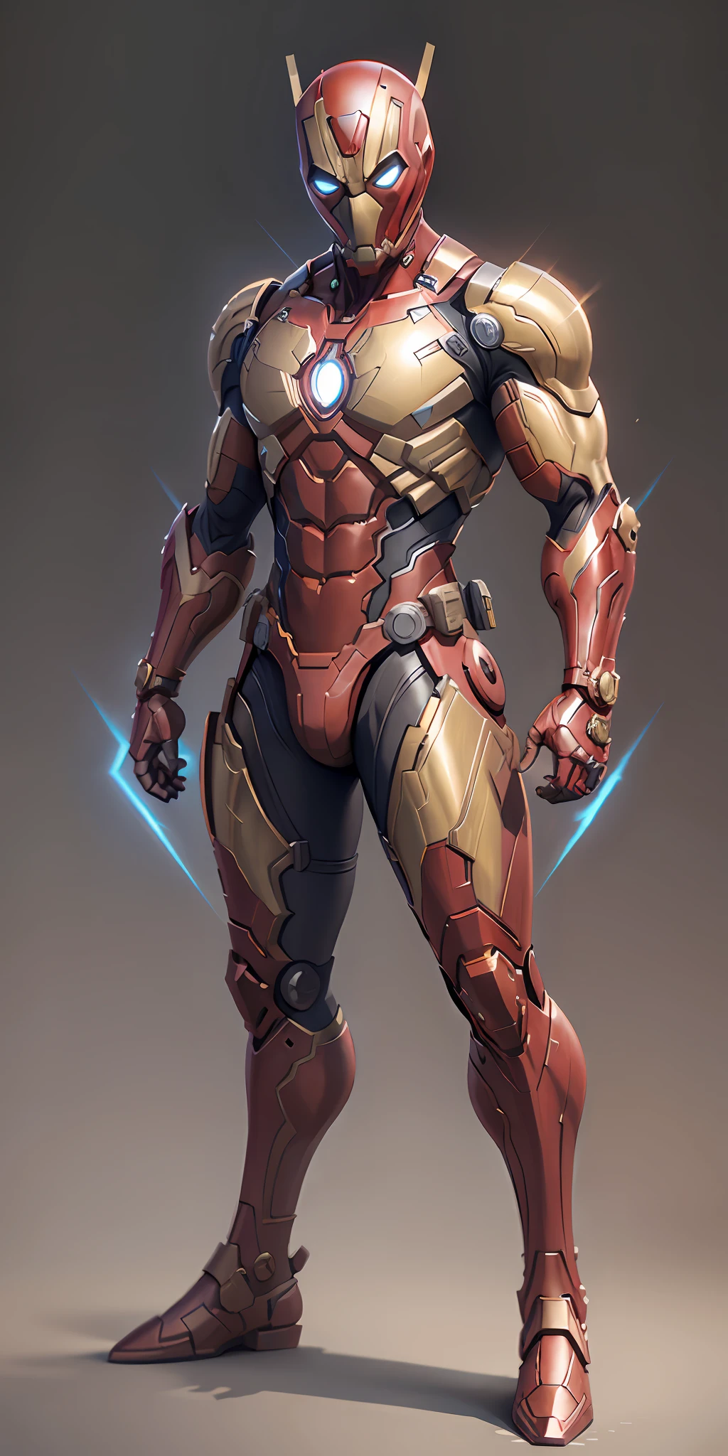 Gold Deadpool in Iron Man armor from Marvel, frontal, full-length, looking at the camera, facing the audience, standing pose, simple background, three-dimensional light, detailed full-body concept, sleek digital concept art, beautiful full-body concept art, art trend, CGsociety full-length,