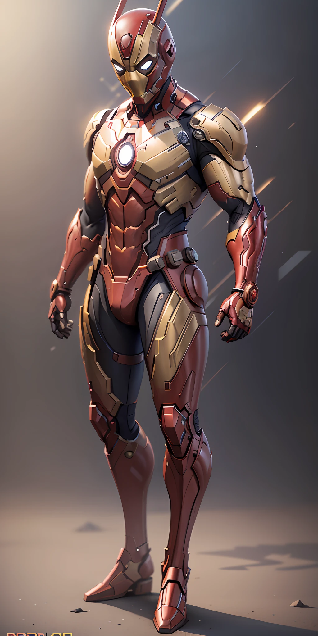 Gold Deadpool in Iron Man armor from Marvel, frontal, full-length, looking at the camera, facing the audience, standing pose, simple background, three-dimensional light, detailed full-body concept, sleek digital concept art, beautiful full-body concept art, art trend, CGsociety full-length,