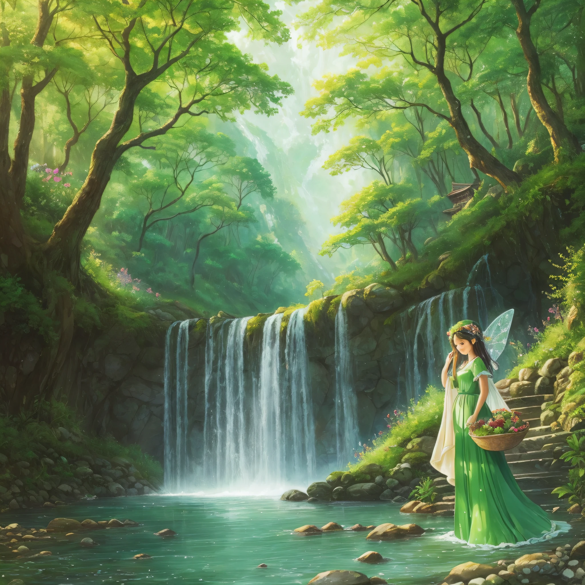 (The painting style is soft, the scene is fresh) In the breeze, green mountains and trees, a girl with fairy tale feelings is happily picking delicious fruits, with a smile at the corners of her mouth, gentle eyes, like an angel, (girl characteristics) refreshing dress, pavilions and jade, beautiful figures moving under the sunlight, (water drops emphasize) wet cheeks, (scene emphasis) verdant trees, delicious fruits, winding streams. --auto --s2