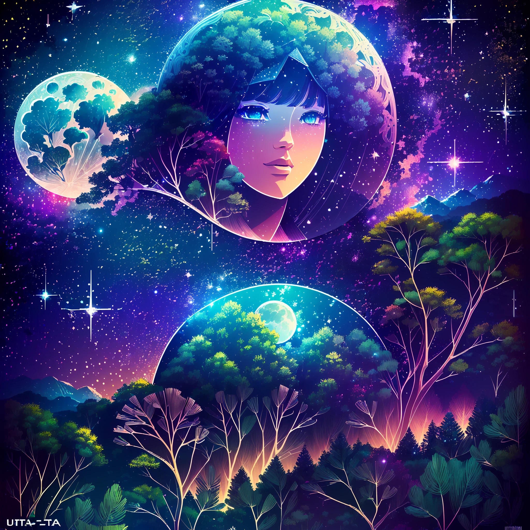 ((ultra-detailed)), ((illustration)), beautiful landscape with sky above and forest below AND ((ultra-detailed)), ((illustration)), nebula, night sky AND ((ultra-detailed)), ((illustration)), full moon, night sky AND ((ultra-detailed)), ((illustration)), forest, trees AND ((ultra-detailed)), ((photo realistic)), grass, field, stream, water, solo,, nanakusa nazuna, bangs, black jacket, black shirt, black shorts, blue eyes, blunt bangs, breasts, cleavage cutout, clothing cutout, crop top, eyeshadow, fangs, gradient hair, grey hair, hair rings, jacket, light purple hair, looking at viewer, makeup, multicolored hair, navel, open mouth, red eyeshadow, shirt, shorts, sleeveless, sleeveless turtleneck, sleeveless turtleneck crop top, small breasts, solo, stomach, turtleneck, turtleneck crop top, two-tone hair, vampire, --auto --s2