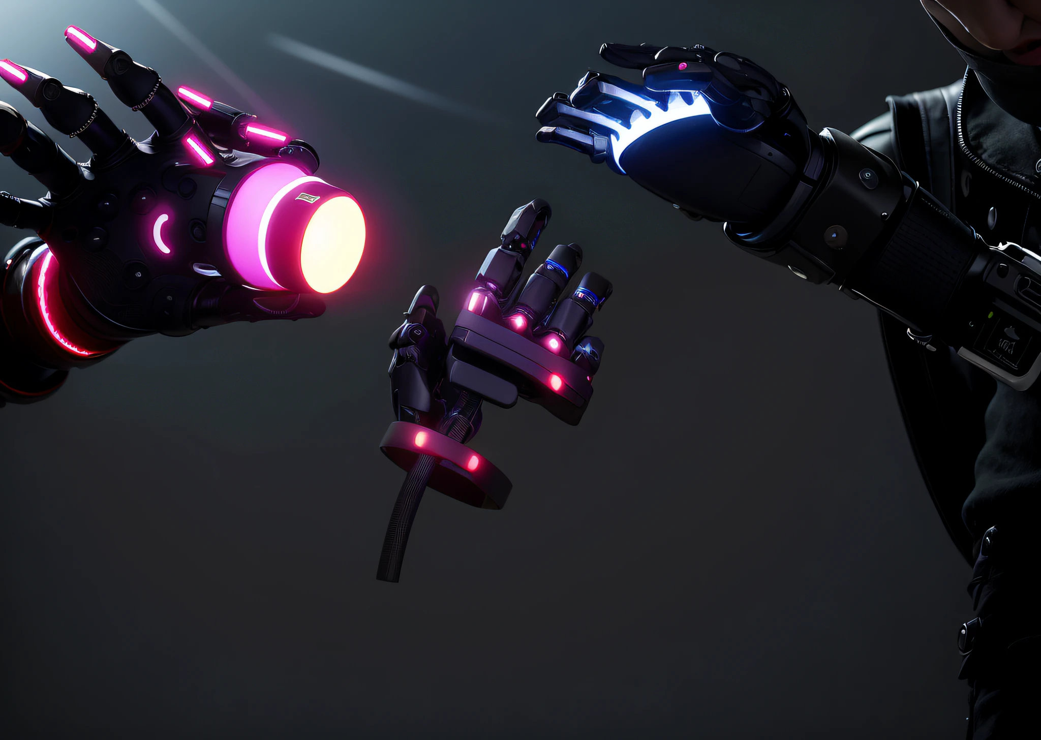 Products exoskeleton gloves robot, fanatec peripherals, eye horizontal view, one hand, robot hand, robot arm, robot dragon four-fingered hand, robot limb, with robotic arm, robot dragon hand and foot, sharp robot dragon claw, robot extended arm, deep purple and black dystopian industrial landscape, I have been trying any ritual for the sign light bounce pure neon