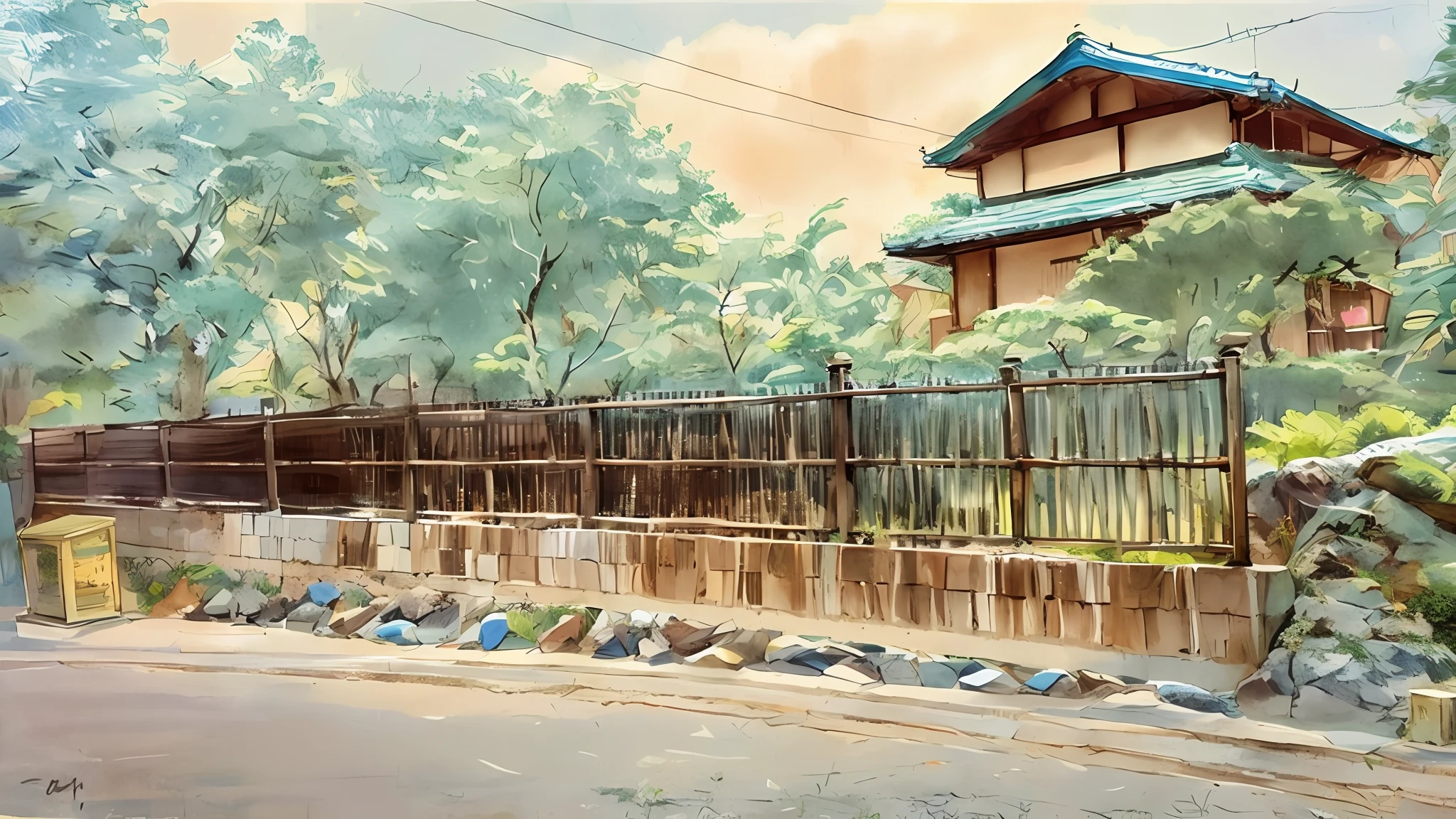 there is a large rock sitting in front of a fence, residential area, inspired by Sesshū Tōyō, in tokio, japanese house, japanese style, from the distance, inspired by Inshō Dōmoto, inspired by Tōshi Yoshida, inspired by Ogata Kōrin, kyoto inspired, near a japanese shrine