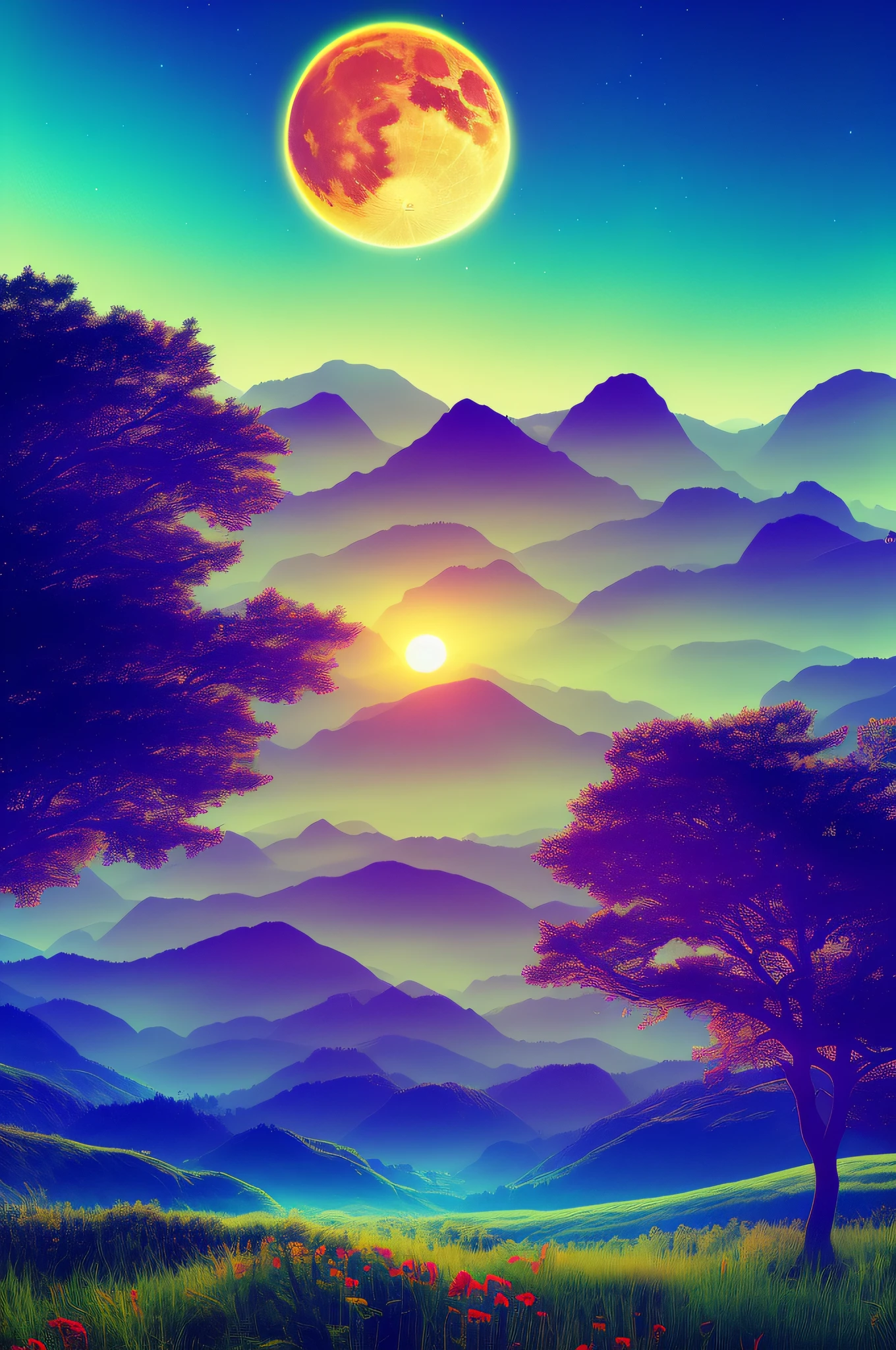 Vast landscape photo, (viewed from below, the sky is above and the open field is below), a girl standing on a flower field looking up, (full moon: 1.2), (meteor: 0.9), (nebula: 1.3), distant mountains , Trees BREAK Crafting Art, (Warm Light: 1.2), (Fireflies: 1.2), Lights, Lots of Purple and Orange, Intricate Details, Volumetric Lighting, Realism BREAK (Masterpiece: 1.2), (Best Quality), 4k, Ultra-Detailed, (Dynamic Composition: 1.4), Very Detailed, Colorful Details, (Rainbow Colors: 1.2), (Glow Lighting, Atmospheric Lighting), Dreamy, Magical, (Solo: 1.2)