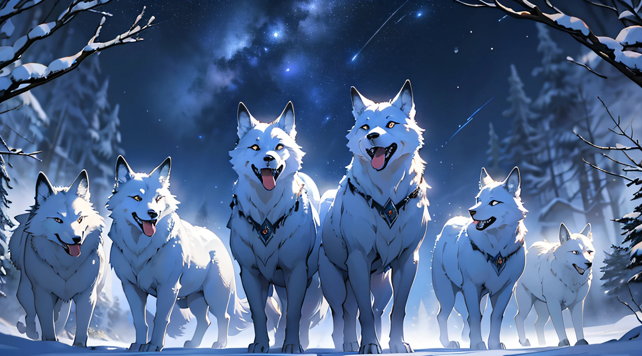 A group of sturdy arctic wolves, hideous-faced, open their mouths, show their teeth, look ahead, exude murderous aura, black magic, (mysterious atmosphere), (intricate details), snow, night, starry sky, vista, third perspective