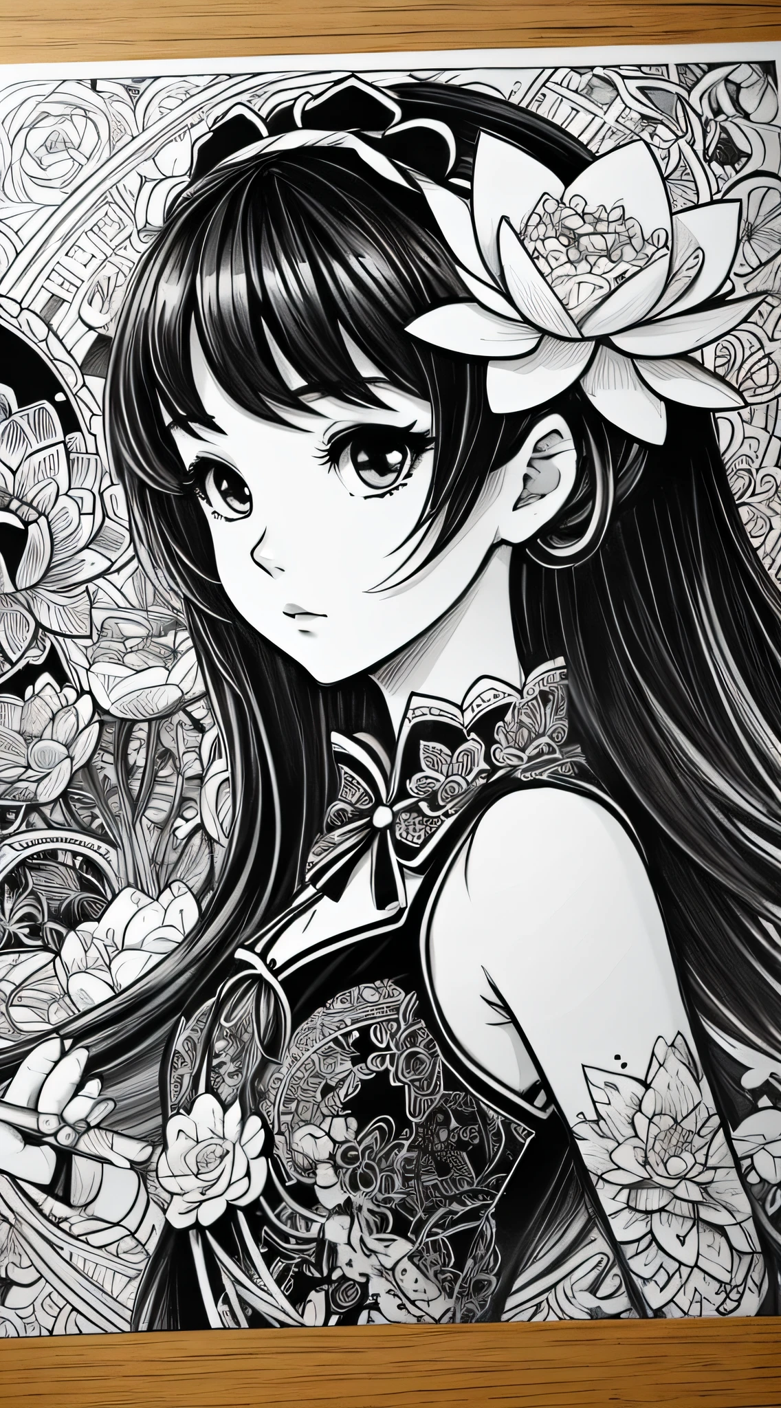 Black and white stick figure girl with lotus flower in background, loli in dress with flowers, its fine ink line art, comic style, portrait of magical Lolita girl, beautiful line art, black and white comic style, manga style, manga art style, pencil and ink caricature drawing, black and white coloring --auto --s2