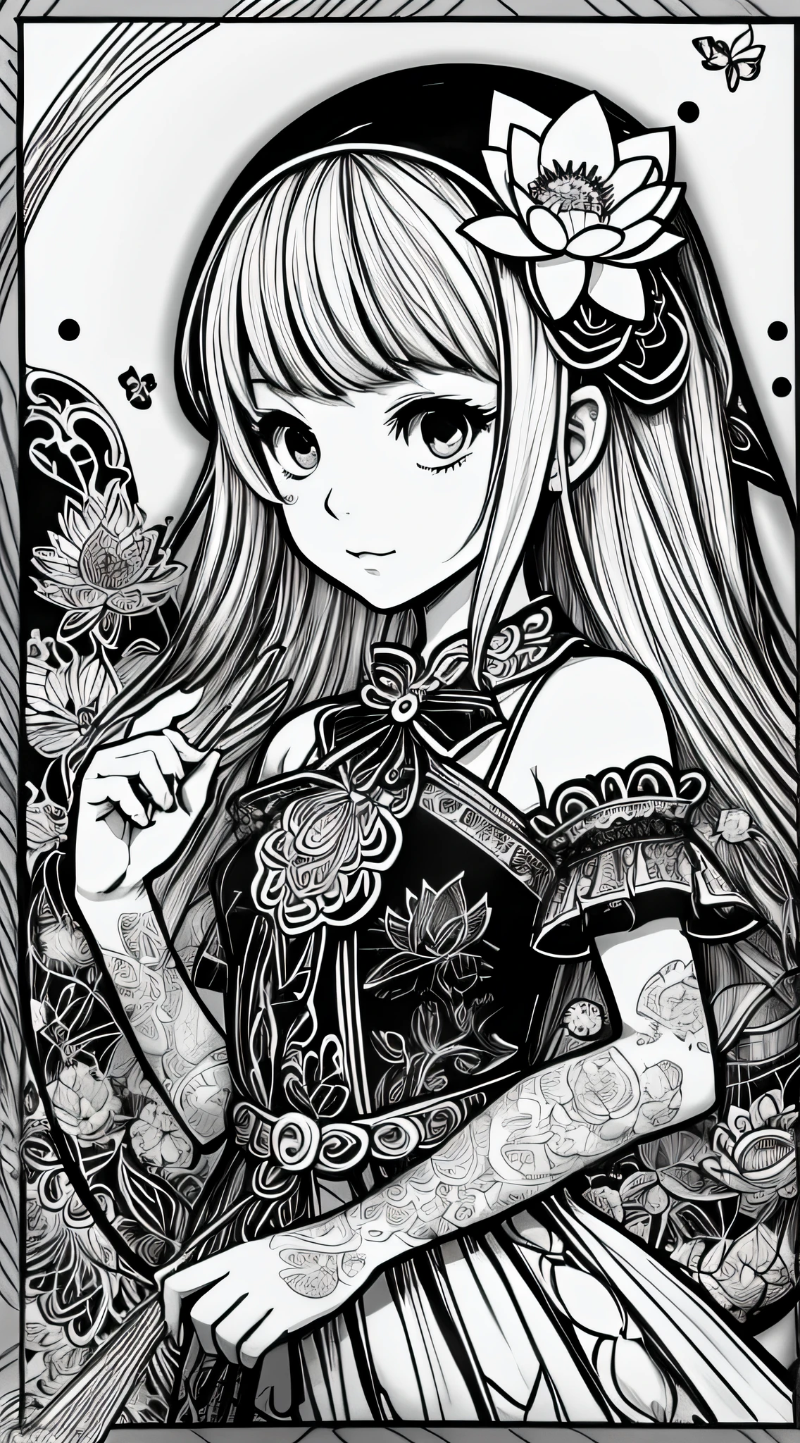 Black and white stick figure girl with lotus flower in background, loli in dress with flowers, its fine ink line art, comic style, portrait of magical Lolita girl, beautiful line art, black and white comic style, manga style, manga art style, pencil and ink caricature drawing, black and white coloring --auto --s2