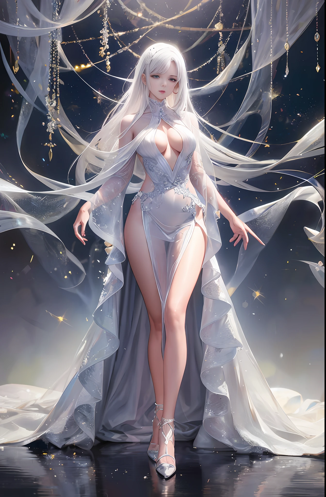 Master anime work, impeccable masterpiece, a mature female character in sexy transparent formal dress standing on a pure white background, flowing silver hair, full body standing, slender legs, straight breasts, detailed face details, natural and beautiful standing, vivid and real body details