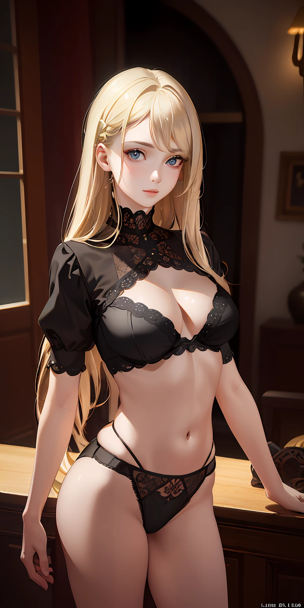 (photorealistic:1.4), (masterpiece, sidelighting, finely detailed beautiful eyes: 1.2), masterpiece*portrait, realistic, 3d face, glowing eyes, shiny hair, lustrous skin, solo, embarassed, (midriff), black underwear, blonde hair,sexy