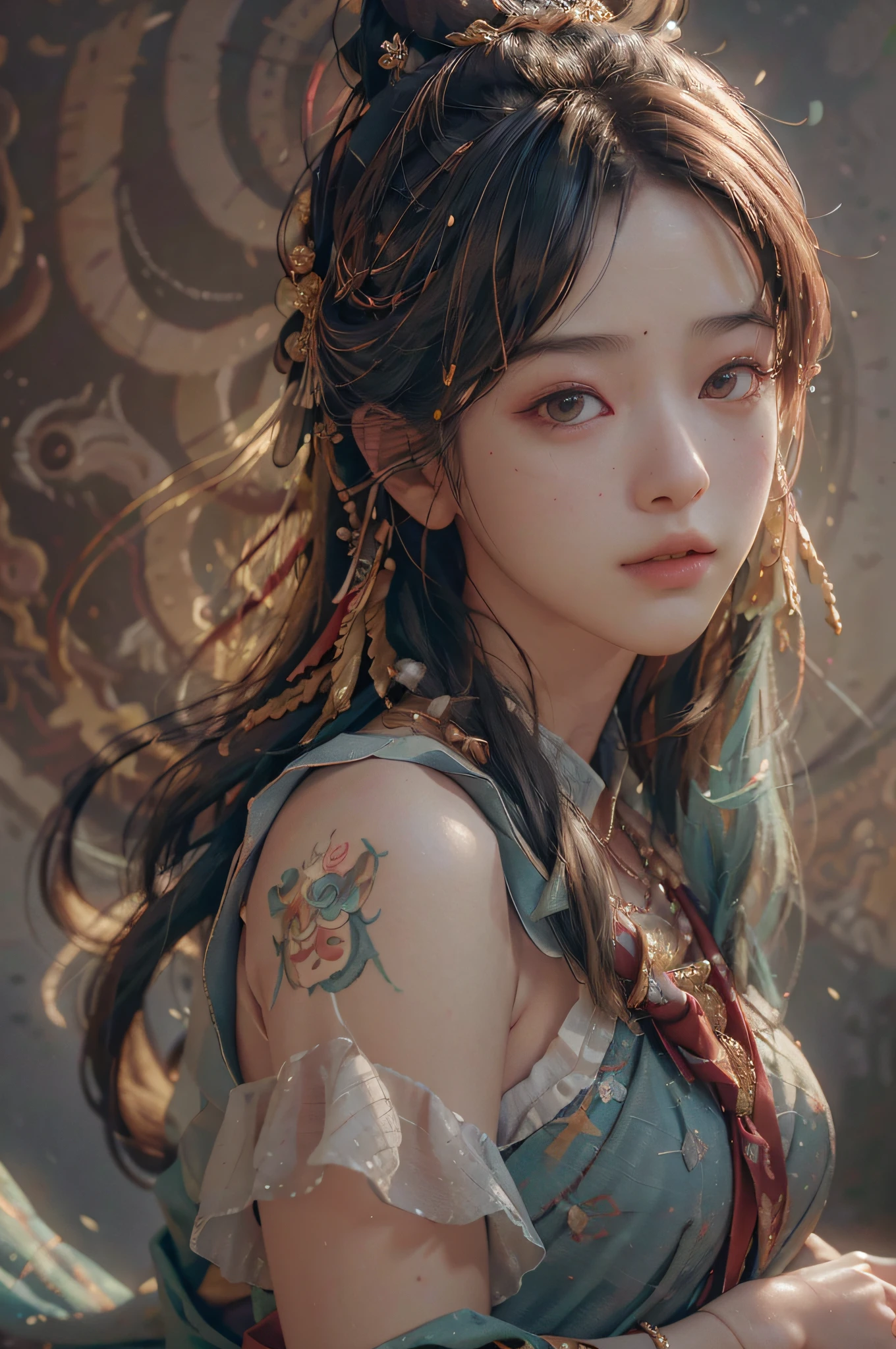 (RAW photo, best quality), (realistic, photo-realistic:1.3),best quality,highly detailed,masterpiece,ultra-detailed,illustration,1girl,upper_body,dynamic angle,world masterpiece theater,messy_long_hair,best quality,extremely detailed CG unity 8k wallpaper,ink,Amazing,cinematic lighting,lens_flare, dunhuang_style