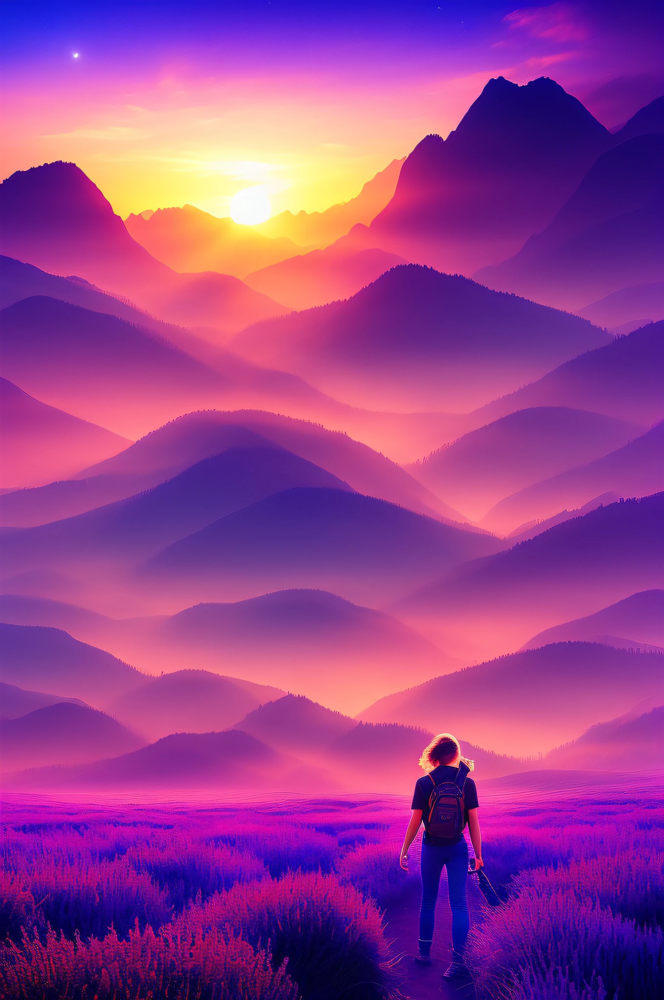 Vast landscape photo, (viewed from below, the sky is above and the open field is below), a girl standing on a flower field looking up, (full moon: 1.2), (meteor: 0.9), (nebula: 1.3), distant mountains , Trees BREAK Crafting Art, (Warm Light: 1.2), (Fireflies: 1.2), Lights, Lots of Purple and Orange, Intricate Details, Volumetric Lighting, Realism BREAK (Masterpiece: 1.2), (Best Quality), 4k, Ultra-Detailed, (Dynamic Composition: 1.4), Very Detailed, Colorful Details, (Rainbow Colors: 1.2), (Glow Lighting, Atmospheric Lighting), Dreamy, Magical, (Solo: 1.2)