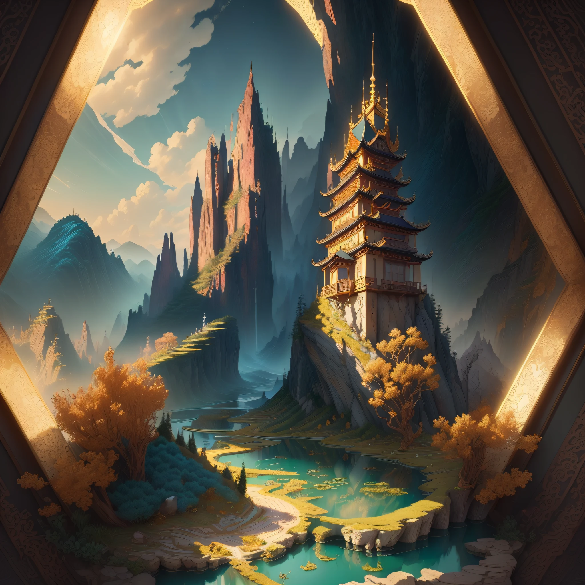 Masterpiece, best quality, (very detailed CG unity 8k wallpaper), (best quality), (best illustration), (best shadow), no man, ray tracing, very detailed, beautiful wonderland, Disney style scenes, Chinese style landscape painting, paper cutting, openwork art, zodiac sign, stone, glass, gold