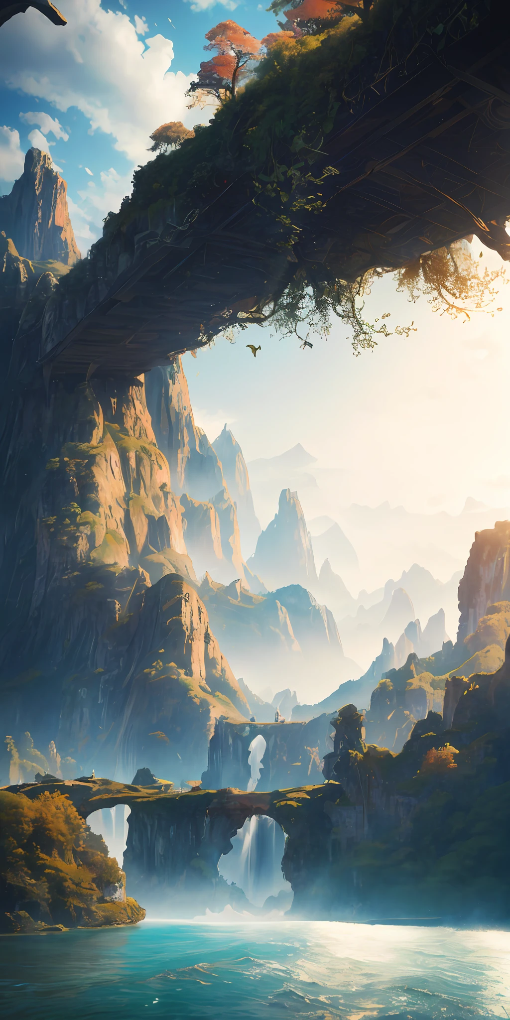 masterpiece, best quality, high quality, extremely detailed CG unity 8k wallpaper, scenery, outdoors, sky, cloud, day, no humans, mountain, landscape, water, tree, blue sky, waterfall, cliff, nature, lake, river, cloudy sky,award winning photography, Bokeh, Depth of Field, HDR, bloom, Chromatic Aberration ,Photorealistic,extremely detailed, trending on artstation, trending on CGsociety, Intricate, High Detail, dramatic, art by midjourney