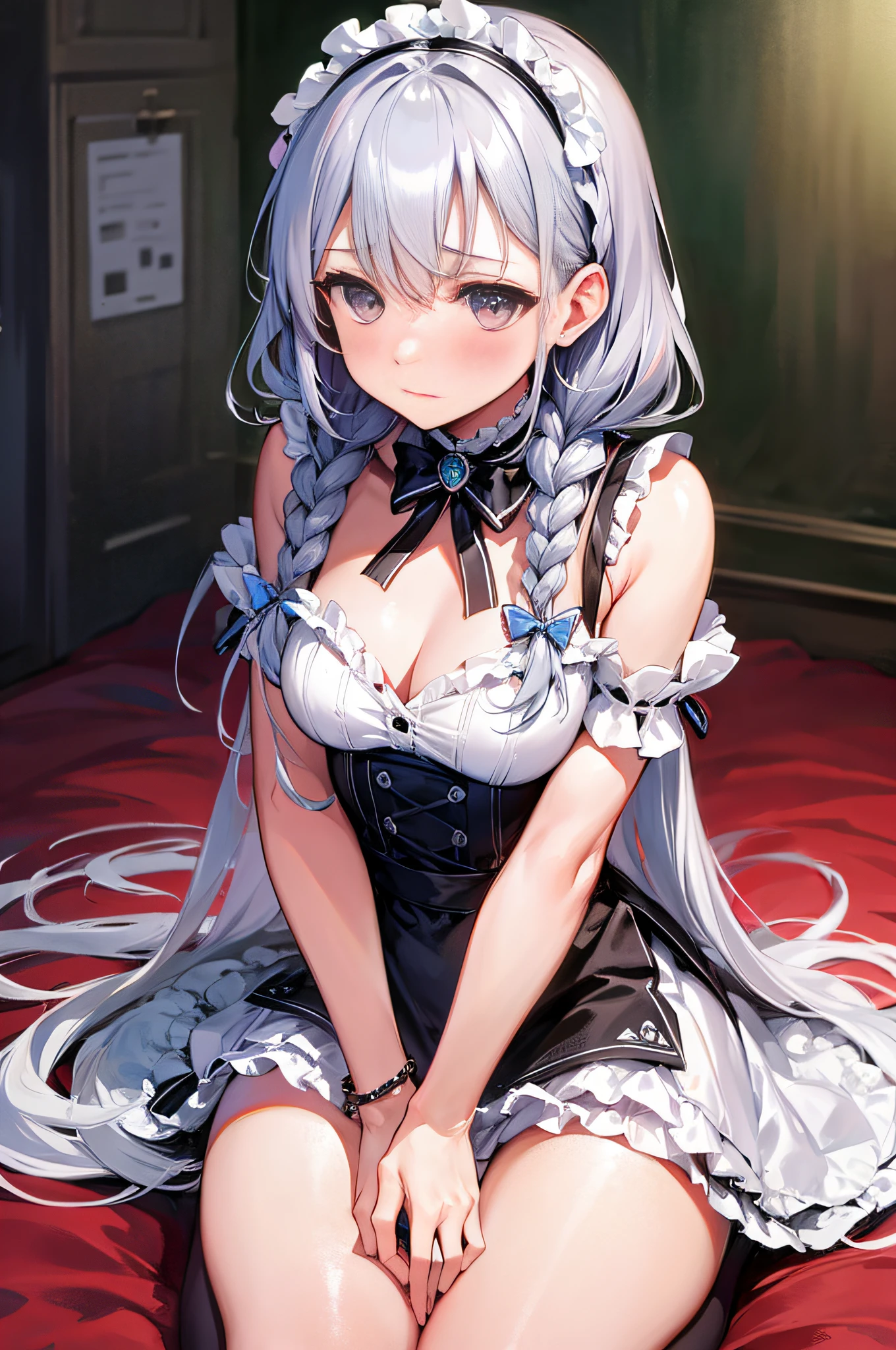 In the room, braids, silver hair, maids, blushing