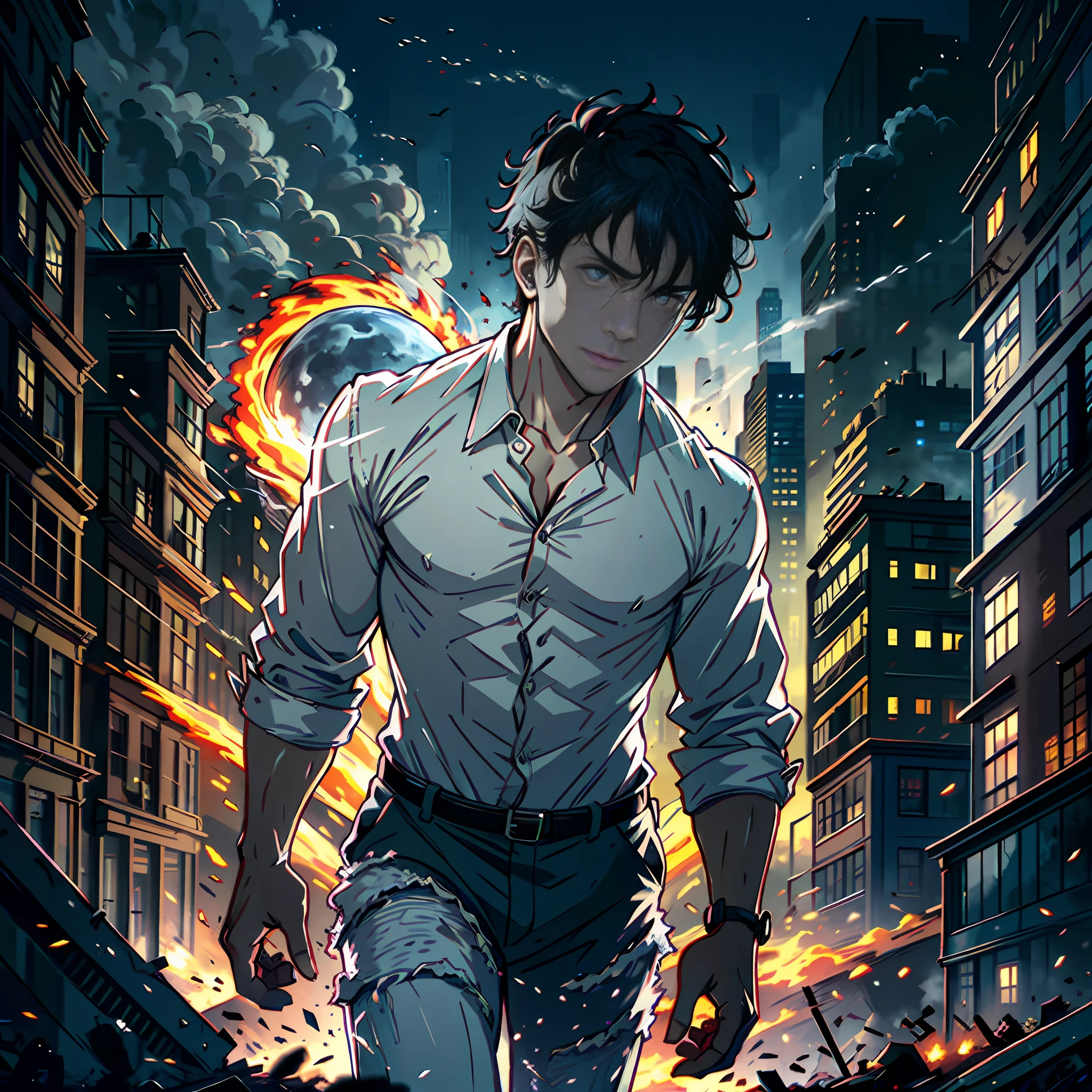A handsome boy who is about to turn into a zombie, frontal, collapsed buildings, rubble, fire +, billowing smoke, running people +, fear +, rollover, night, horror, half moon in the sky, apocalypse, no blood, highly real, UHD, chiaroscuro, super high detail section