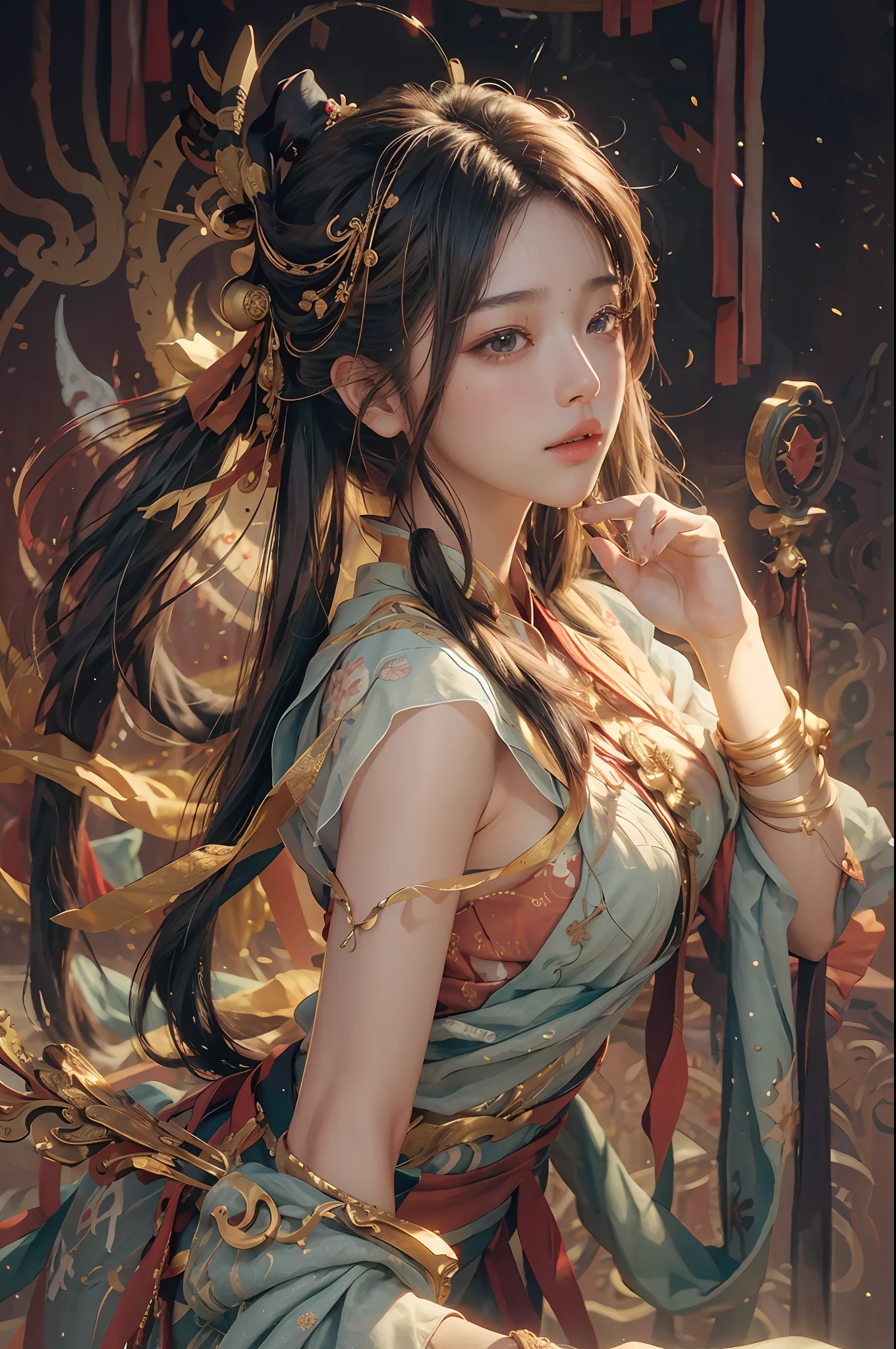 (RAW photo, best quality), (realistic, photo-realistic:1.3), best quality, highly detailed, masterpiece, ultra-detailed, illustration, 1girl, upper_body, dynamic angle, world mastery theater, messy_long_hair,best quality, extremely detailed CG unity 8k壁纸，墨水，惊人，电影灯光，lens_flare，dunhuang_style，婆娑舞