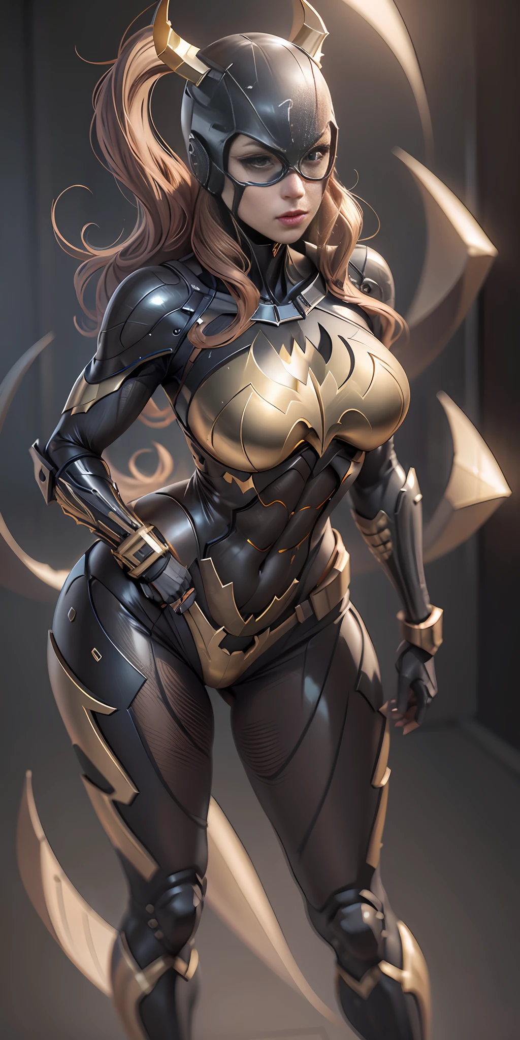 Gold Batgirl from DC, big breasts, frontal, full-length, looking at the camera, facing the audience, standing pose, simple background, three-dimensional light, detailed full-body concept, sleek digital concept art, beautiful full-body concept art, art trend, full-length CGsociety,