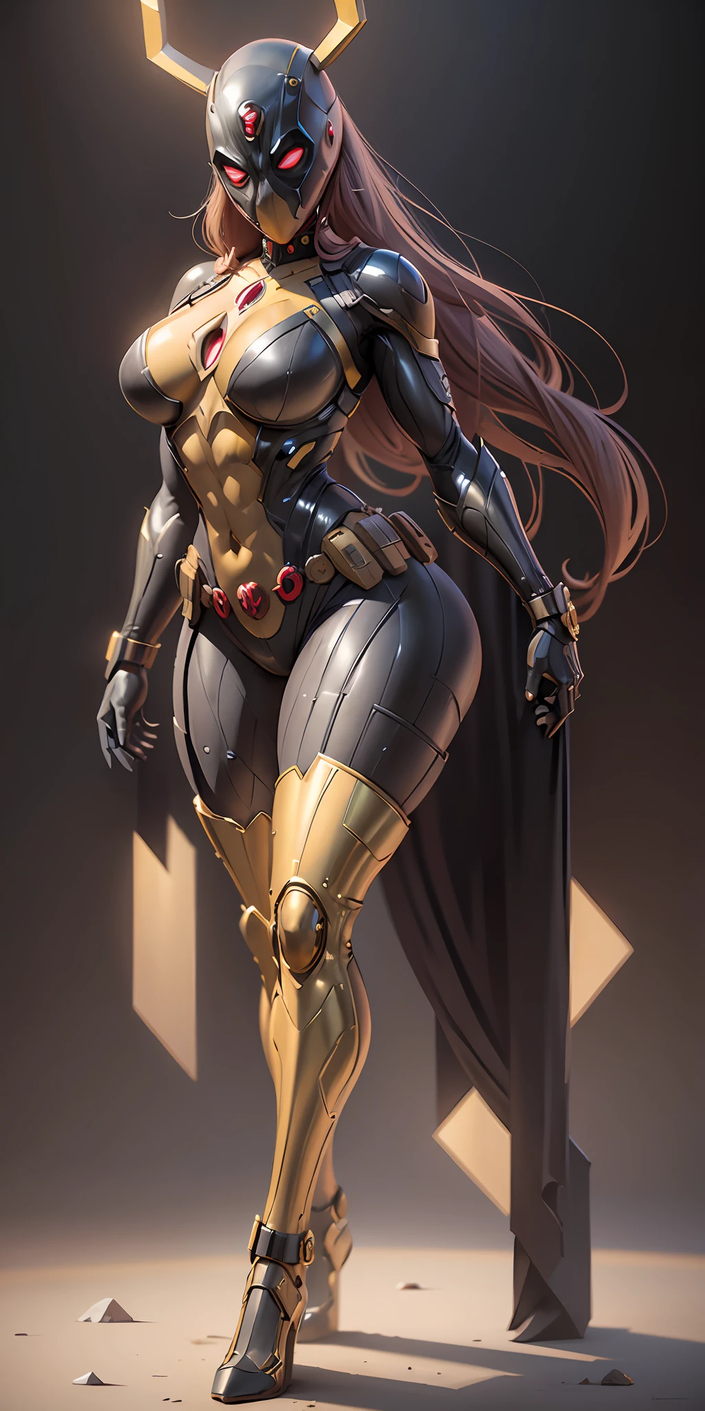 girl dressed as Gold Deadpool from Marvel, big breasts, frontal, full-length, looking at the camera, facing the audience, standing pose, simple background, three-dimensional light, detailed full-body concept, sleek digital concept art, beautiful full-body concept art, art trend, CGsociety full-length,