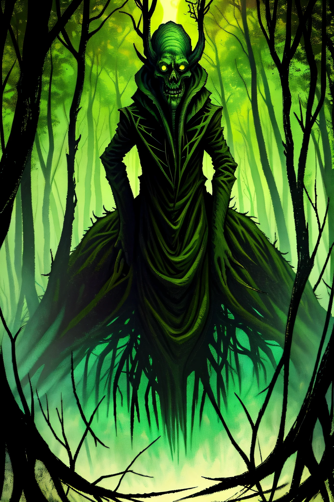 Lovecraft's creature in dark forest, masterpiece, dark and frightening background color