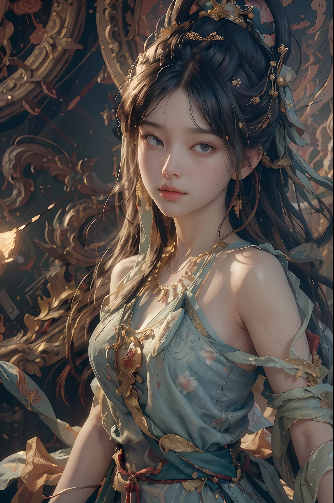 (RAW photo, best quality), (realistic, photo-realistic:1.3),best quality,highly detailed,masterpiece,ultra-detailed,illustration,1girl,upper_body,dynamic angle,world masterpiece theater,messy_long_hair,best quality,extremely detailed CG unity 8k wallpaper,ink,Amazing,cinematic lighting,lens_flare, dunhuang_style