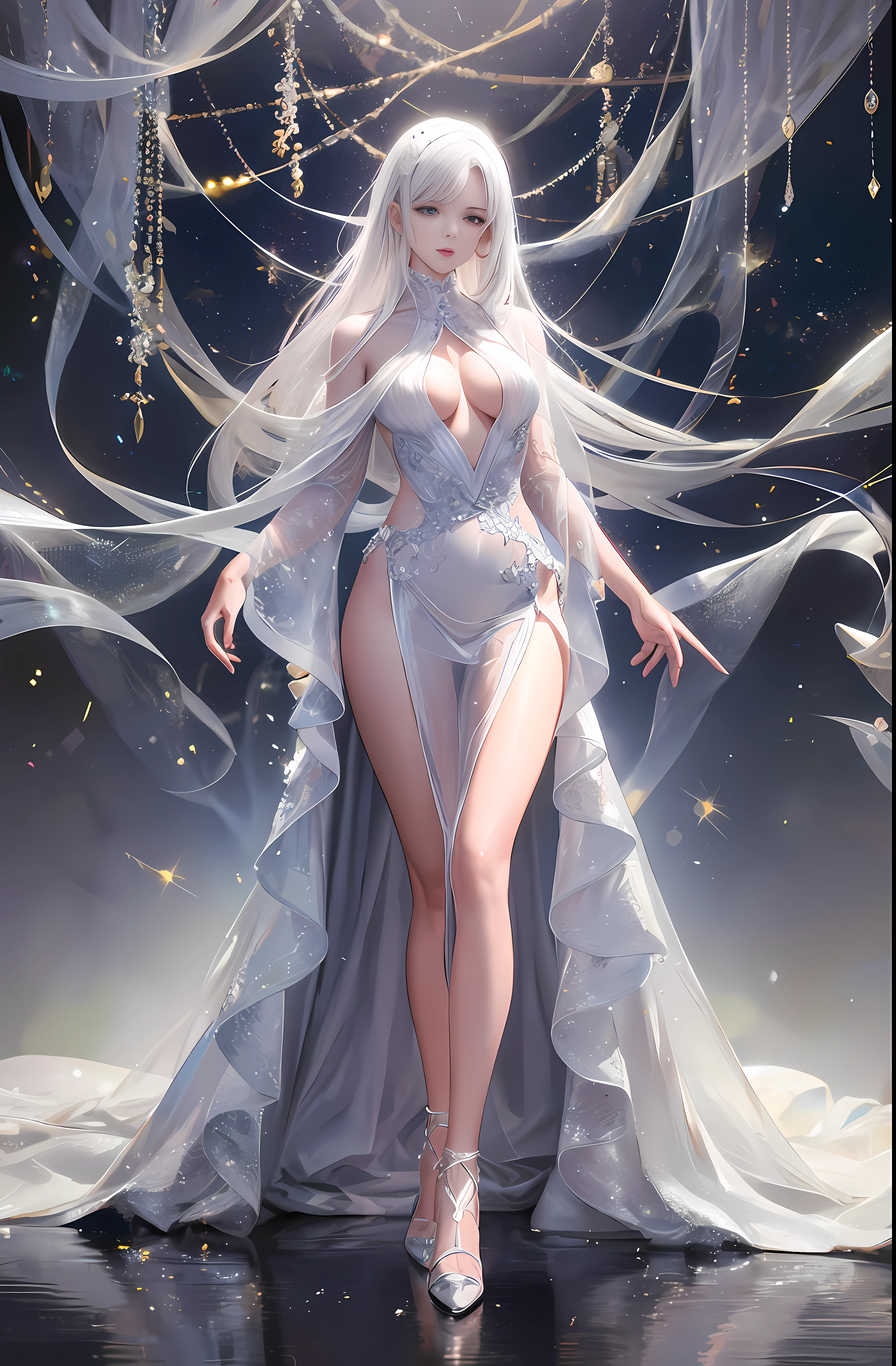 Master anime work, impeccable masterpiece, a mature female character in sexy transparent formal dress standing on a pure white background, flowing silver hair, full body standing, slender legs, straight breasts, detailed face details, natural and beautiful standing, vivid and real body details