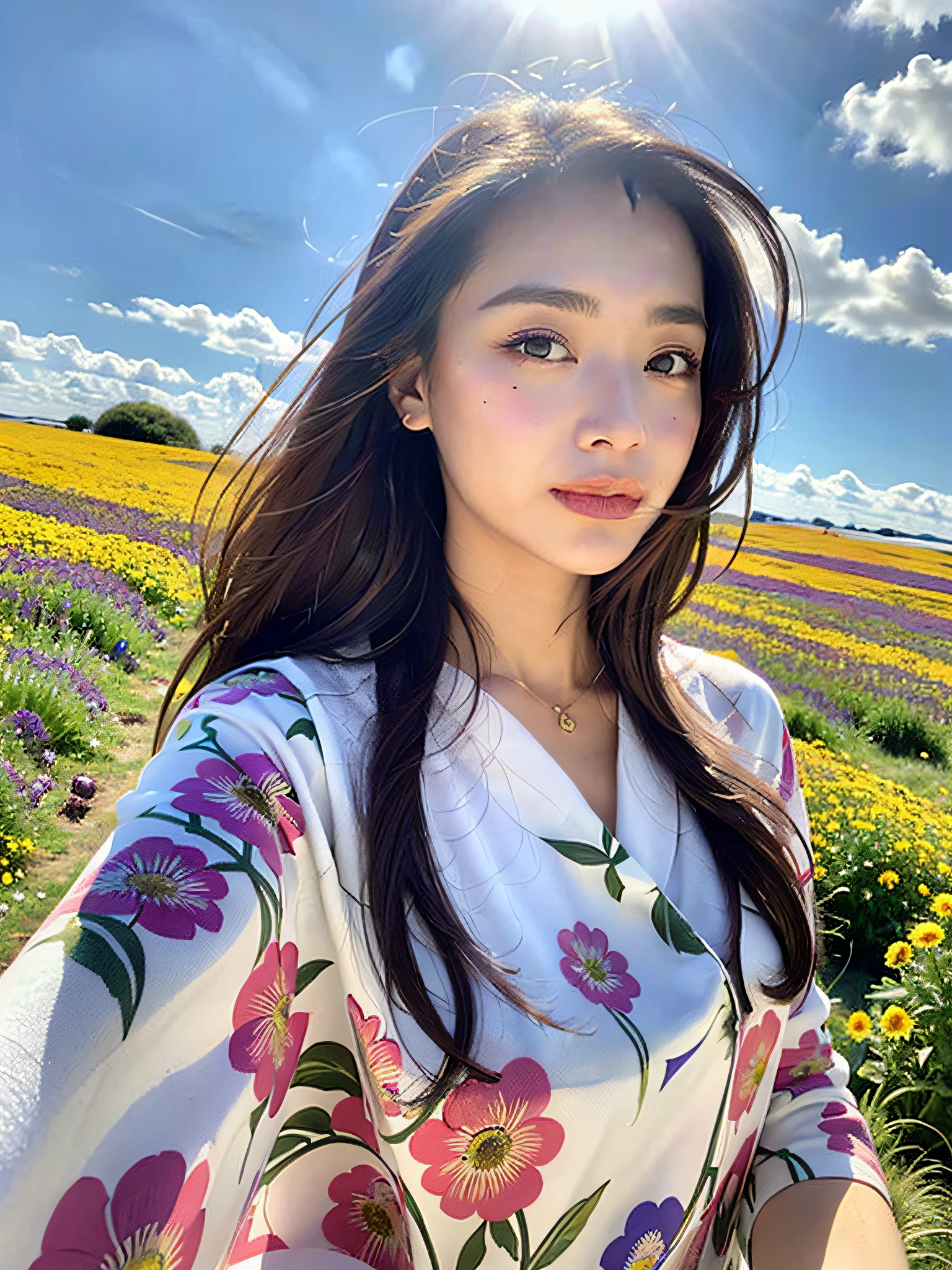 Beautiful masterpiece woman, (((masterpiece))), (highest quality)))), ((super detailed)), (amazing: 1.1), beautiful, nature, sky and ground, strong wind, windswept, line cloud, light shooting from clouds, wildflower meadow with flower groups, award-winning photos, Casio EXILIM EX-H50 booth cape, realistic face, realistic background, very beautiful woman