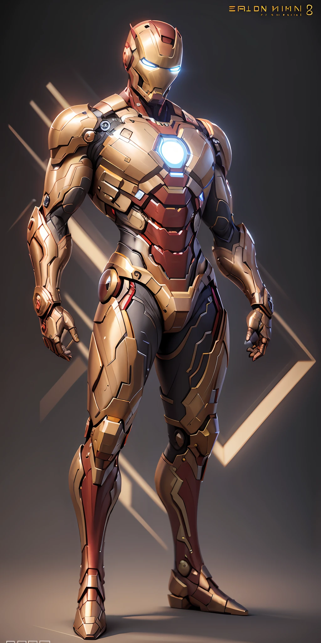 Gold Iron Man from Marvel, frontal, full-length, looking at the camera, facing the audience, standing pose, simple background, three-dimensional light, detailed full-body concept, sleek digital concept art, beautiful full-body concept art, art trend, full-length CGsociety,