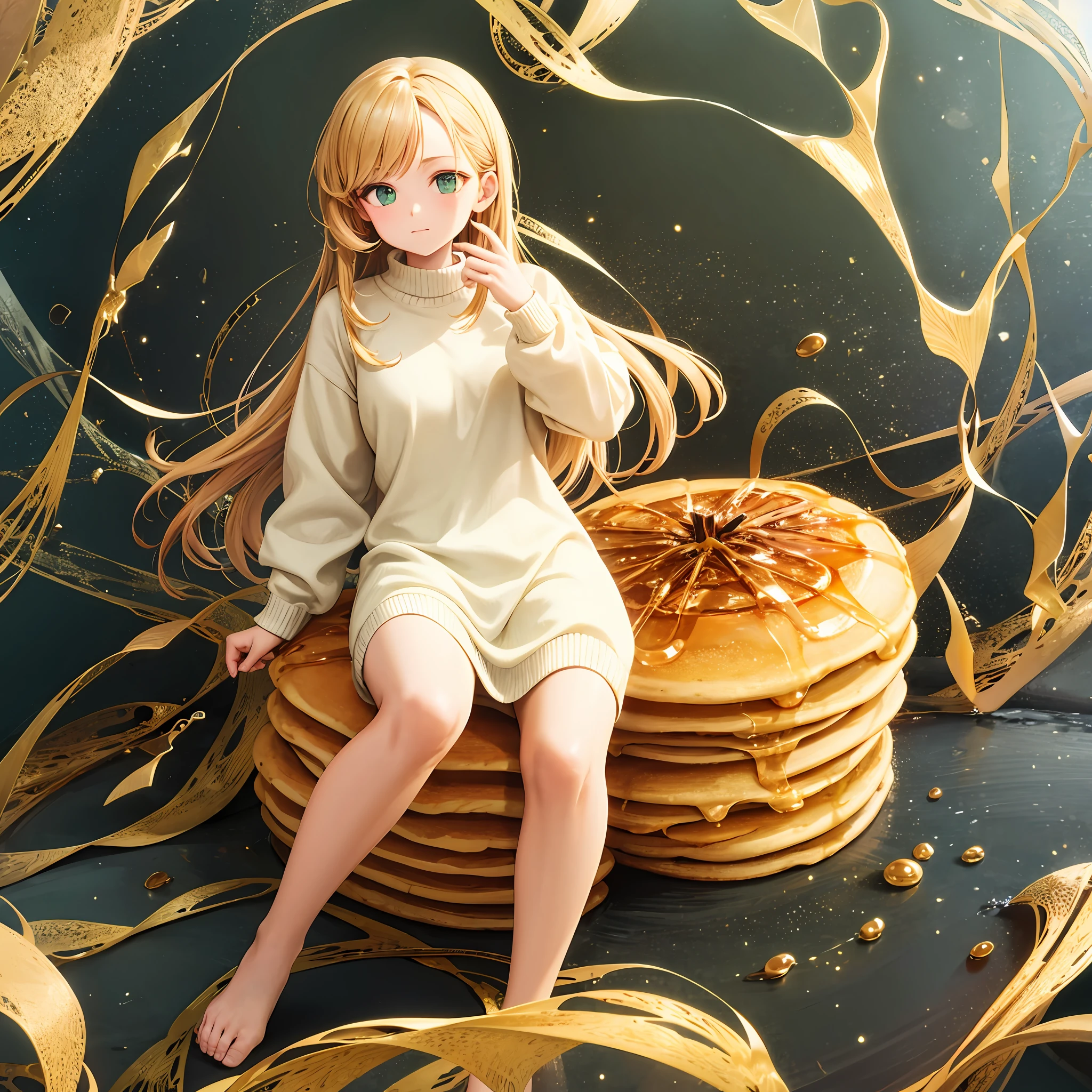 1girl, woman,((best quality)), ((masterpiece)), ( extreme detailed, highest detailed, official art, beautiful and aesthetic:1.2),girl, sticky natural honey, honey bee, yellow, syrup, oversized sweater, comfy, cozy, detailed texture, delicious aroma, flavorful sensation, pancakes, delicate, detailed, shiny food, appetizing, color palette: (Brown, yellow, bright green) , best detailed intrincate background with white