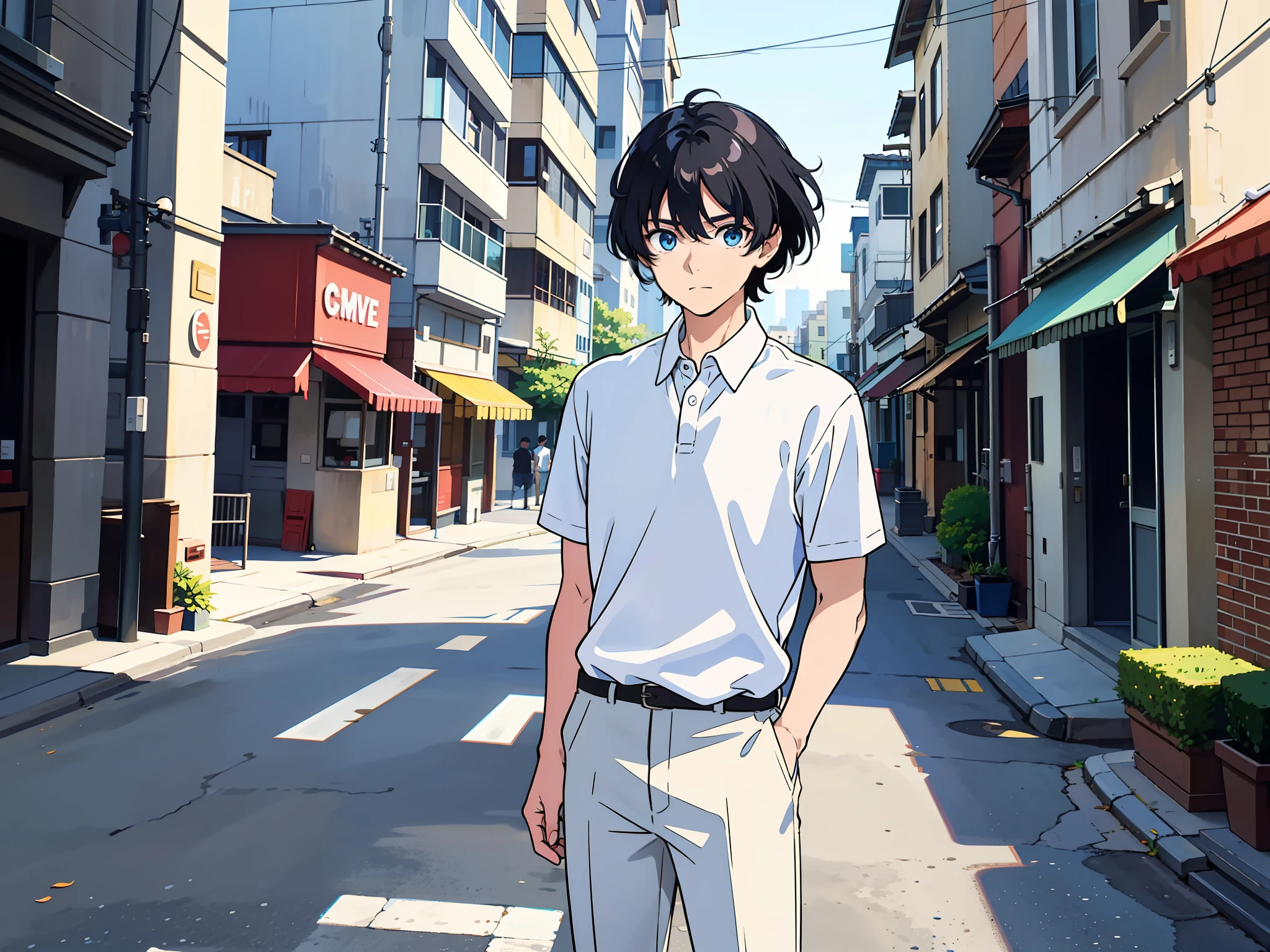 1 man, short black hair, blue eyes, white shirt, standing in the street, sneaky, masterpiece, best quality