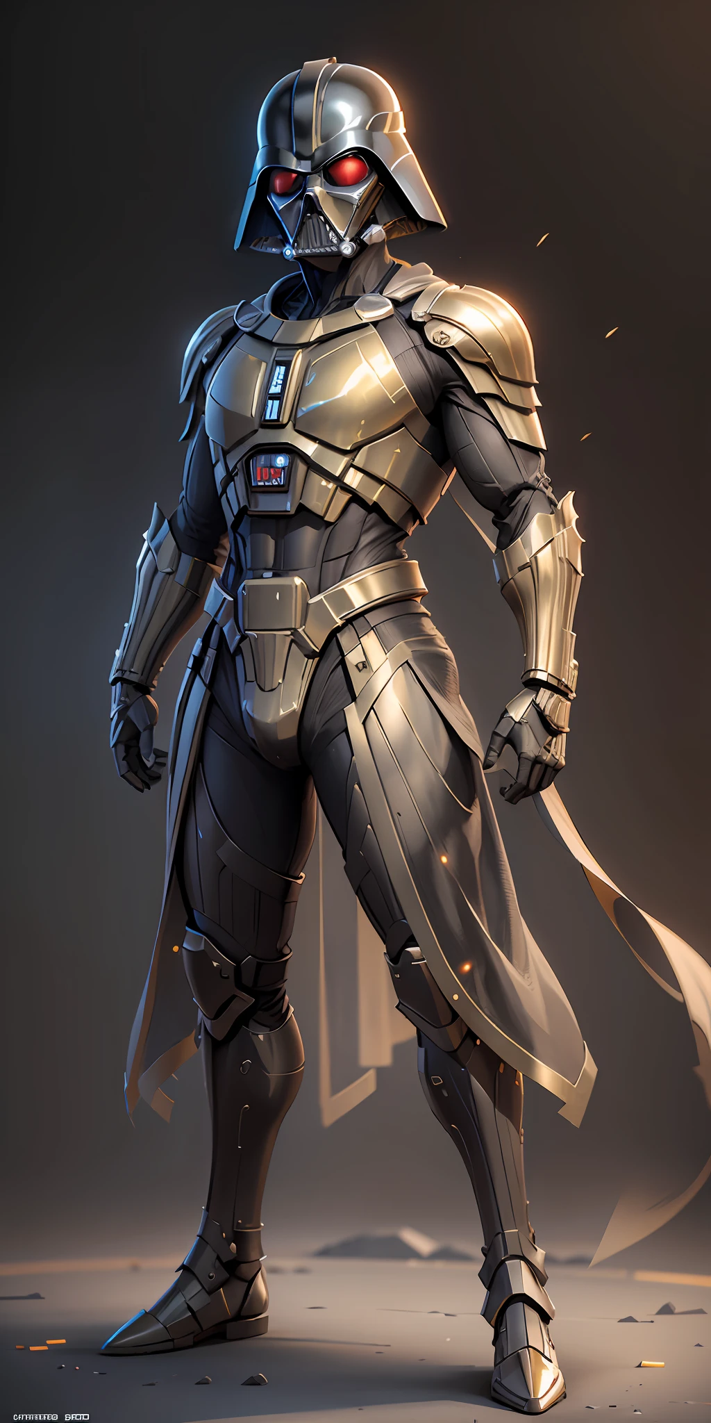Gold Darth Vader from star wars, frontal, full-length, looking at the camera, facing the audience, standing pose, simple background, three-dimensional light, detailed full-body concept, sleek digital concept art, beautiful full-body concept art, art trend, CGsociety full-length,