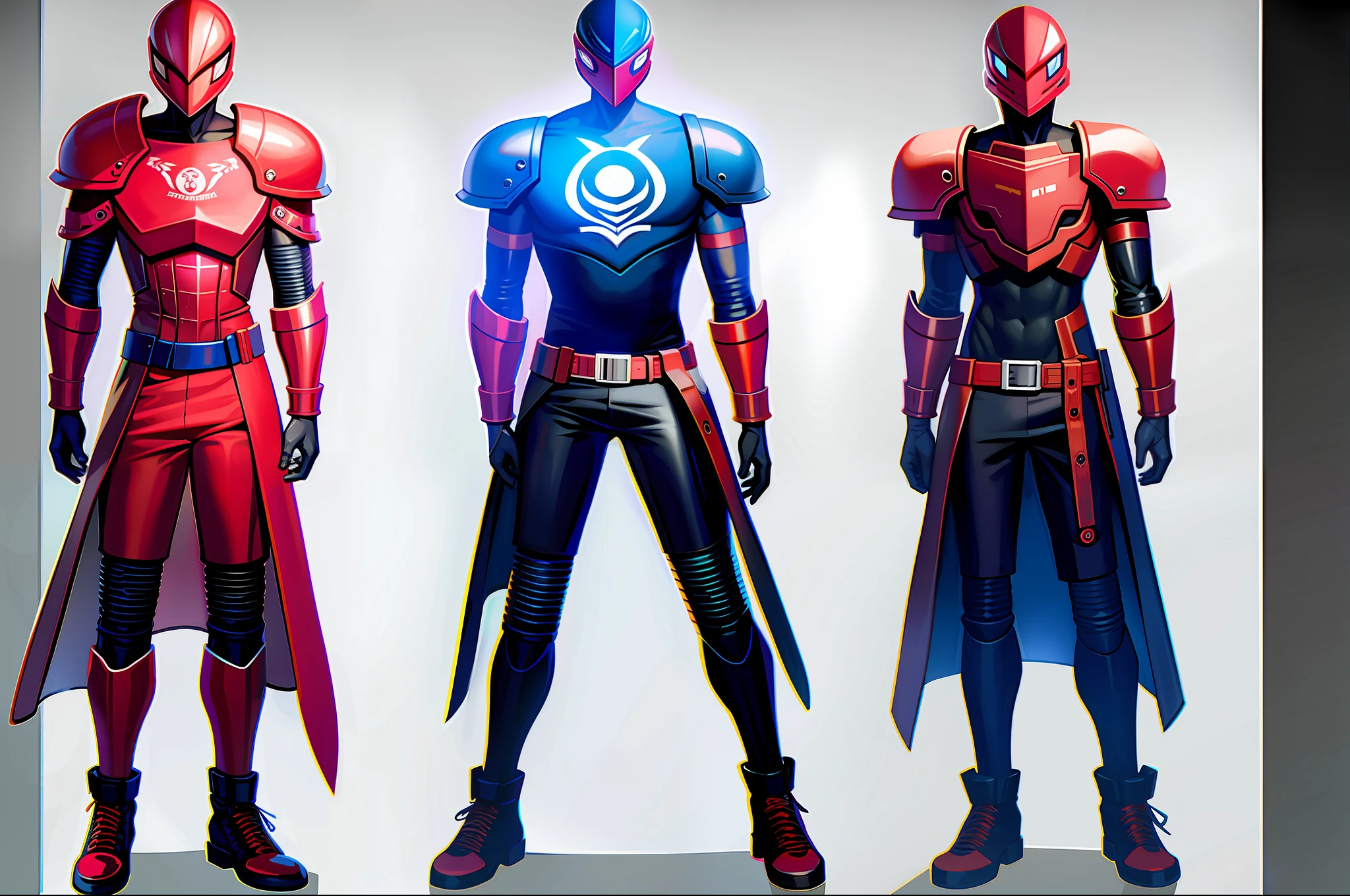 Guy wearing cyberpunk helmet armor red and blue fullbody spider logo on chest fullbody cuffs on ankles