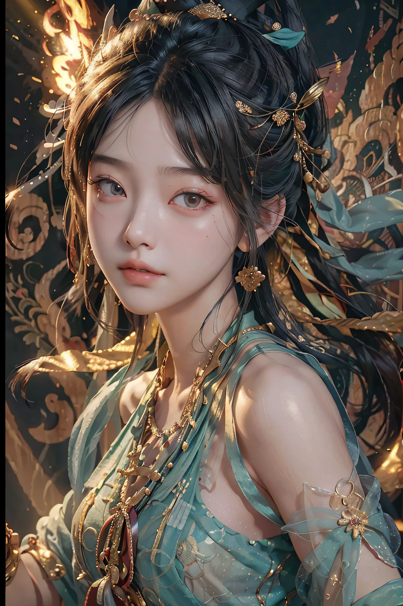 (RAW photo, best quality), (realistic, photo-realistic:1.3), best quality, highly detailed, masterpiece, ultra-detailed, illustration, 1girl, upper_body, dynamic angle, world mastery theater, messy_long_hair,best quality, extremely detailed CG unity 8k壁纸，墨水，惊人，电影灯光，lens_flare，dunhuang_style，婆娑舞