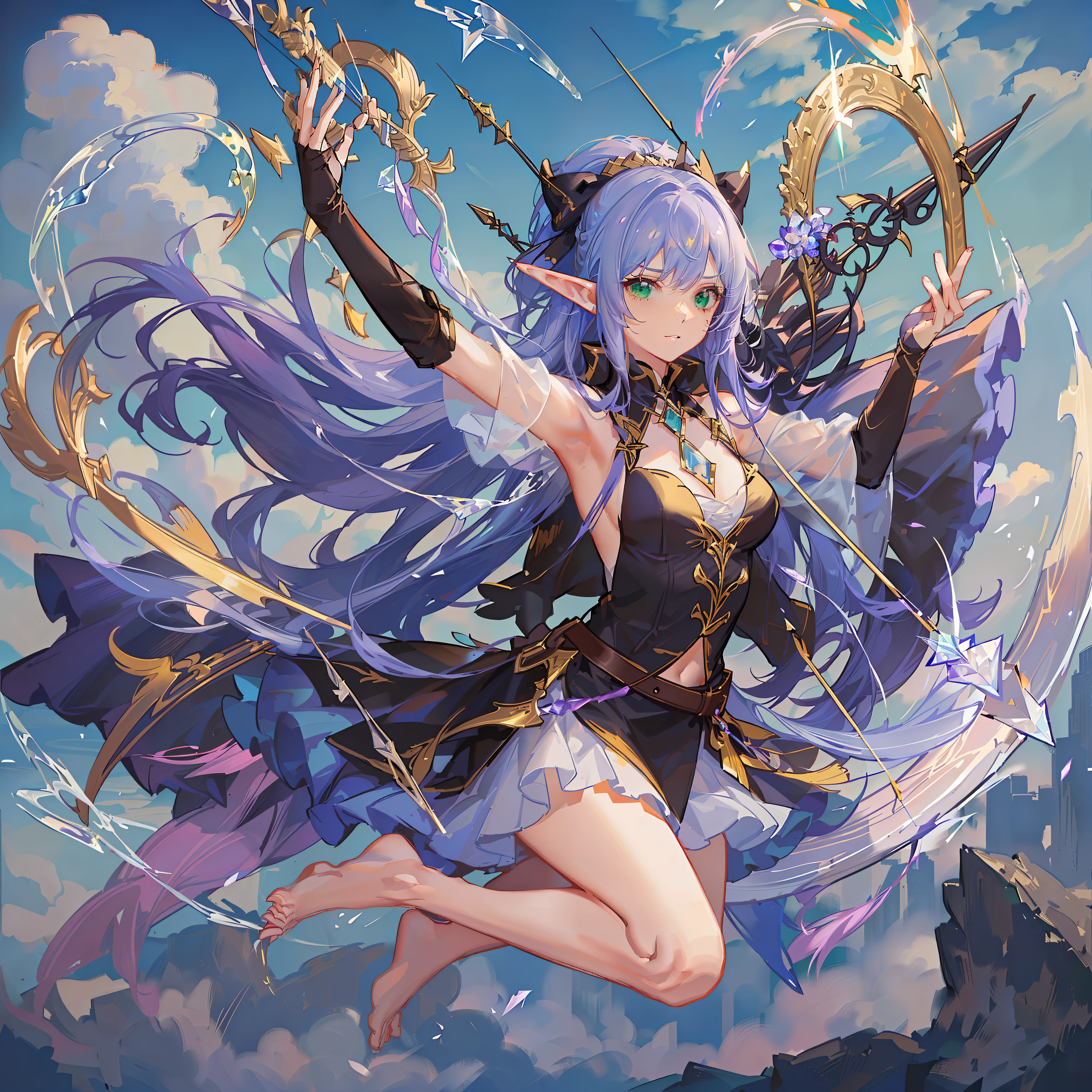 Girl, holding bow and arrow, jumping, ready to shoot arrows, barefoot, purple hair color, yellow and green clothes, full body, elf dress, flowing costume, aura behind it, sky, meteor, crystal bow, magic arrow, powerful light effect, 8K, HD, delicate
