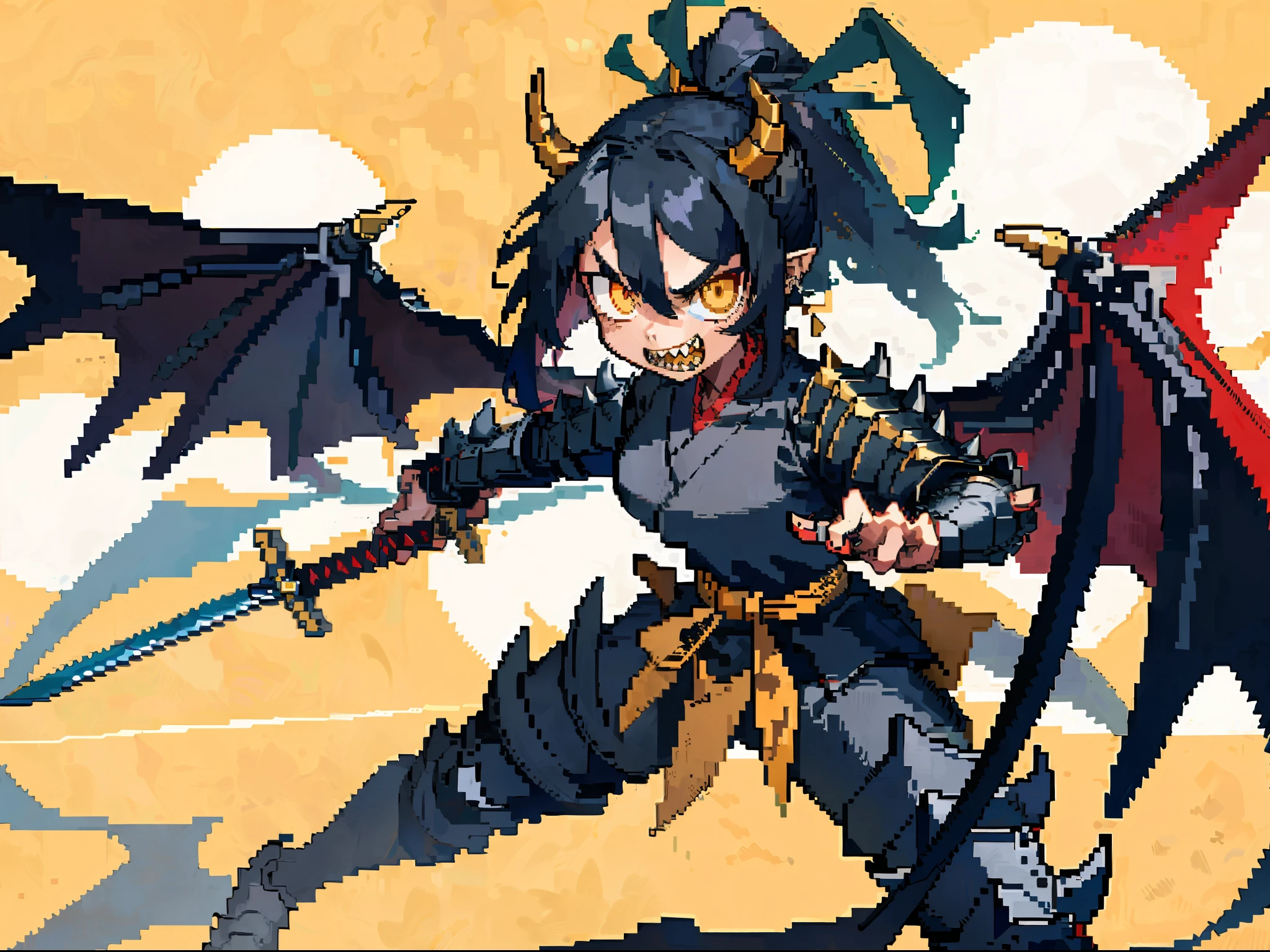 masterpiece, high quality, hcnone, pixel art, 1girl, simple gold color, 1girl,monster girl,absurdres,(solo:1.8),(dragon+(demon:0.8)),
spikes,holding weapon,sword,
claws,wings,sharp teeth,horns, detailed eyes, black hair, yellow eyes, ponytail, black and red samurai armor, skills_pose, masterpiece, best quality