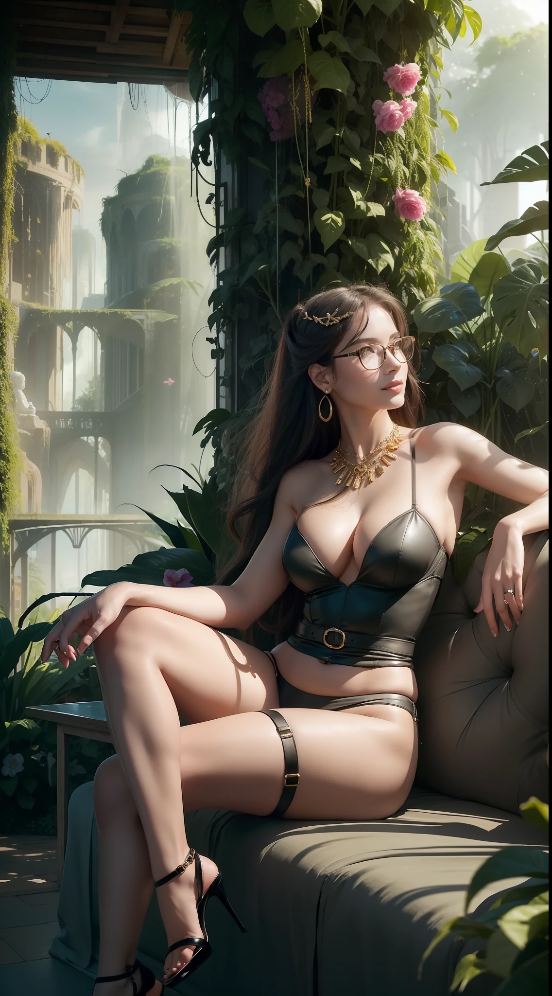 ((SFW)),Masterpiece, High Quality, (((Photoreal))), Cinematic Direction, (High Contrast), Depth of Field, (Award-Winning Difference Photo), Face Detail, Detailed Drawing, Girl sitting on a large sofa in the middle of a greenhouse overgrown with tropical plants, numerous colorful flowers in bloom, and all kinds of tropical fruits are growing, basking in the dazzling sunlight, A giant snake is wrapped around a woman, (dazzling sunlight: 1.3), summer, (summer sky), ((flowers)), colorful background, ((fruit)), colorful fruit, (dazzling glow: 1.8), smile, (invincible smile), glaring at a bush, (big: 1.6), (big bust), (black underwear, black high heels, black garter belt, black stockings: 1.5)), (long legs: 1.5), Precise skeleton, precise proportions, (girl reaching for her hands to the sky, girl looking up: 1.2), , earrings, gold necklace, chuker, ring, waist belt, gold chain belt, waist chain, gold bangle, (((glasses)),