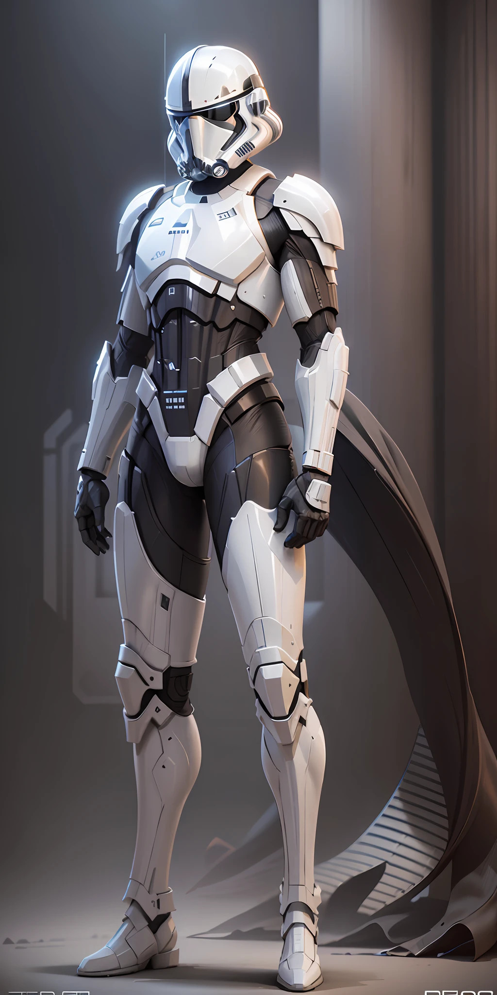 Black stormtrooper from star wars, frontal, full-length, looking at the camera, facing the audience, standing pose, simple background, three-dimensional light, detailed full-body concept, sleek digital concept art, beautiful full-body concept art, art trend, full-length CGsociety,