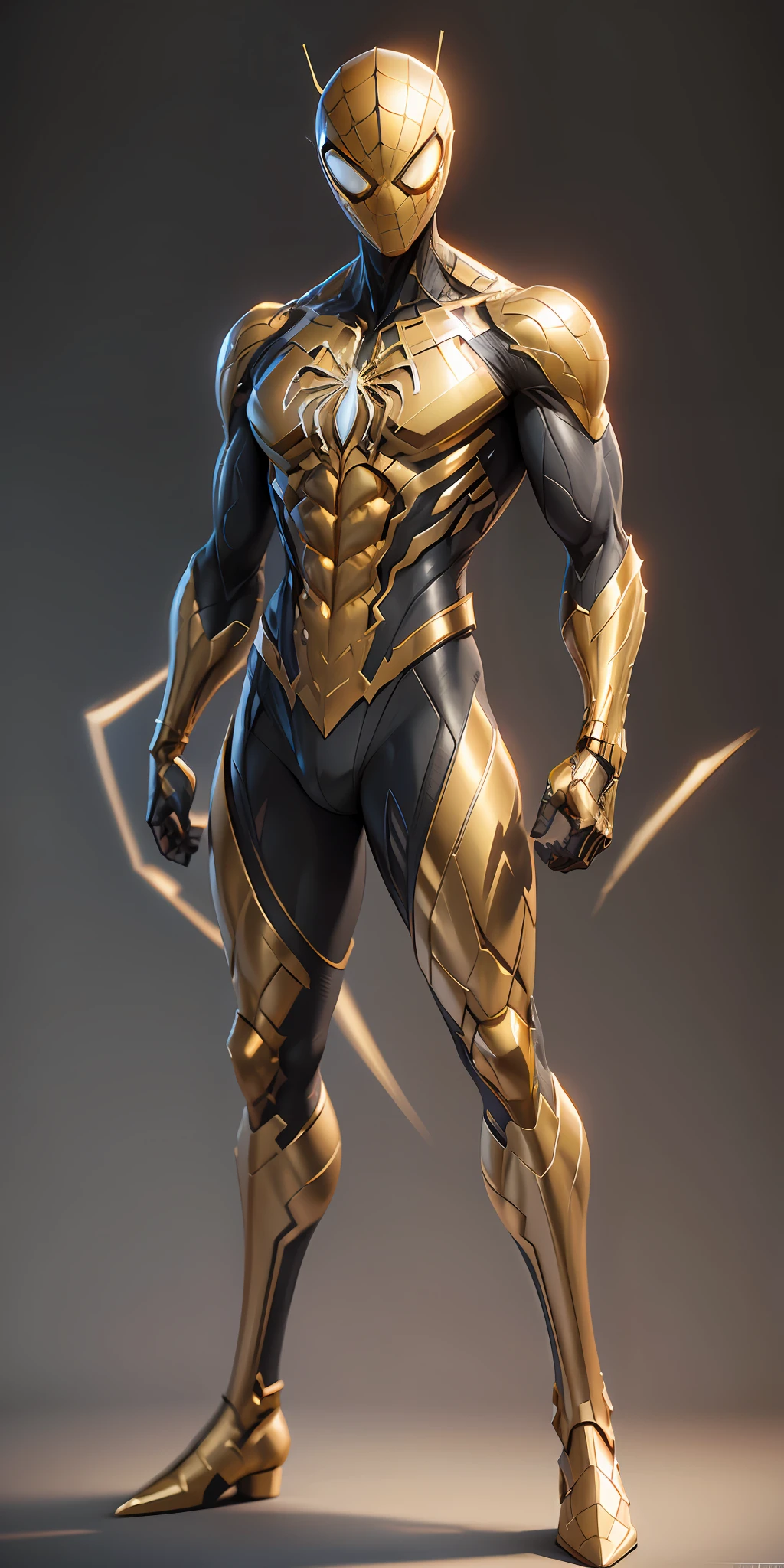 Gold Spider-Man from Marvel, frontal, full-length, looking at the camera, facing the audience, standing pose, simple background, three-dimensional light, detailed full-body concept, sleek digital concept art, beautiful full-body concept art, art trend, CGsociety full-length,